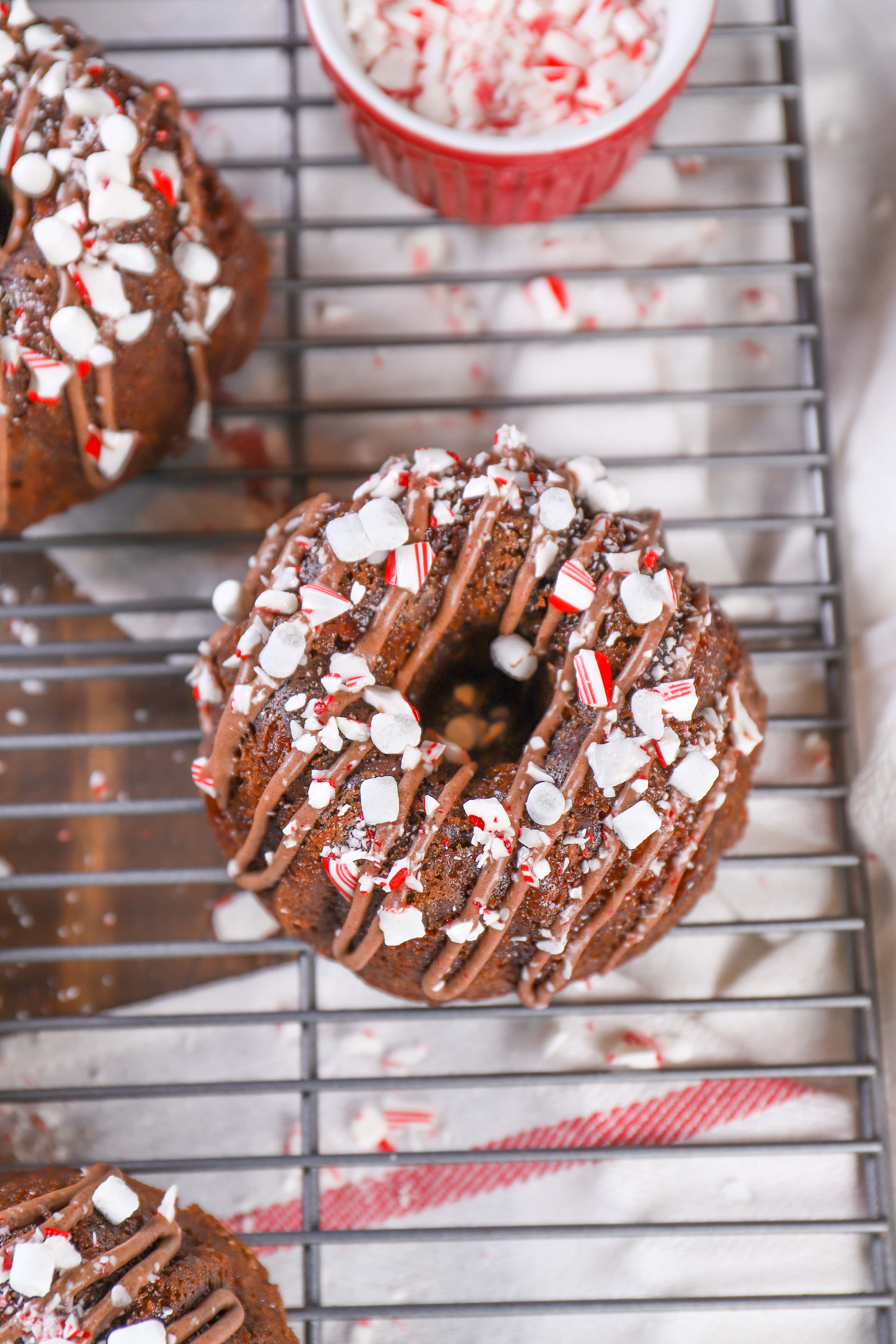 Image of Mini Peppermint Hot Chocolate Bundt Cakes on Cooling Rack