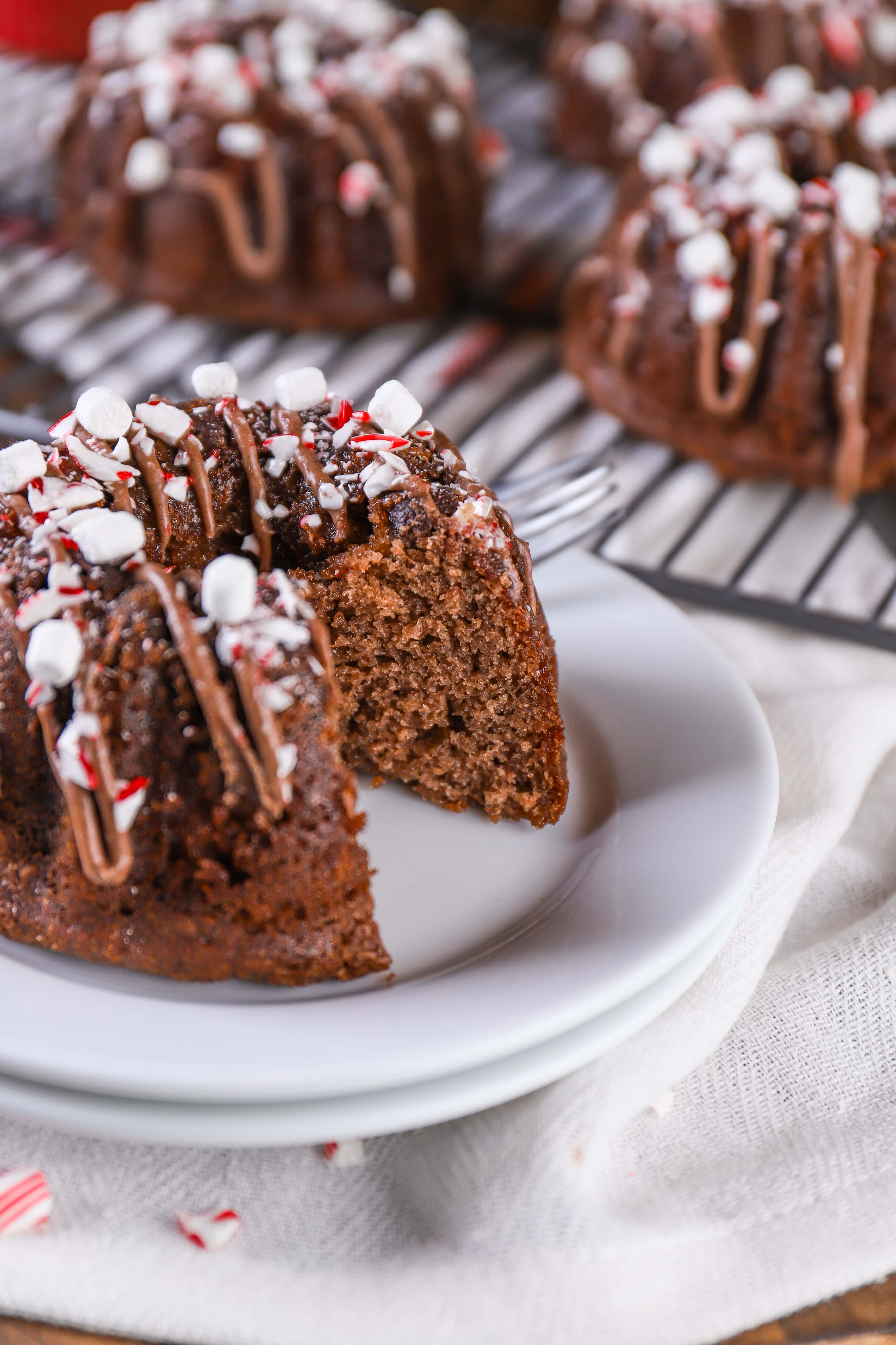 Plated Mini Peppermint Hot Chocolate Bundt Cake Recipe from A Kitchen Addiction
