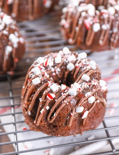 Mini Peppermint Hot Chocolate Bundt Cakes on Cooling Rack Recipe from A Kitchen Addiction
