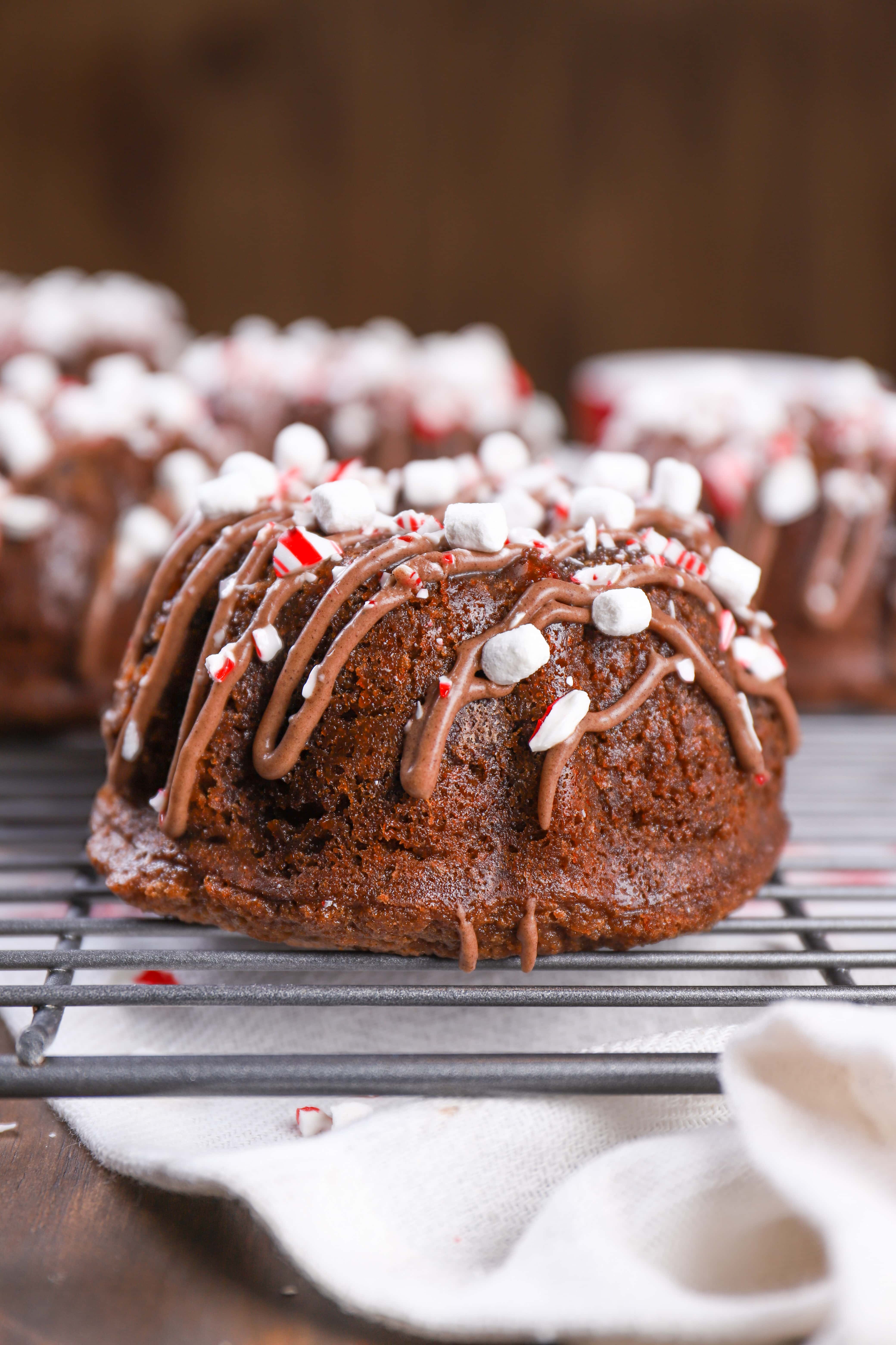 Up Close Mini Peppermint Hot Chocolate Bundt Cakes Recipe from A Kitchen Addiction