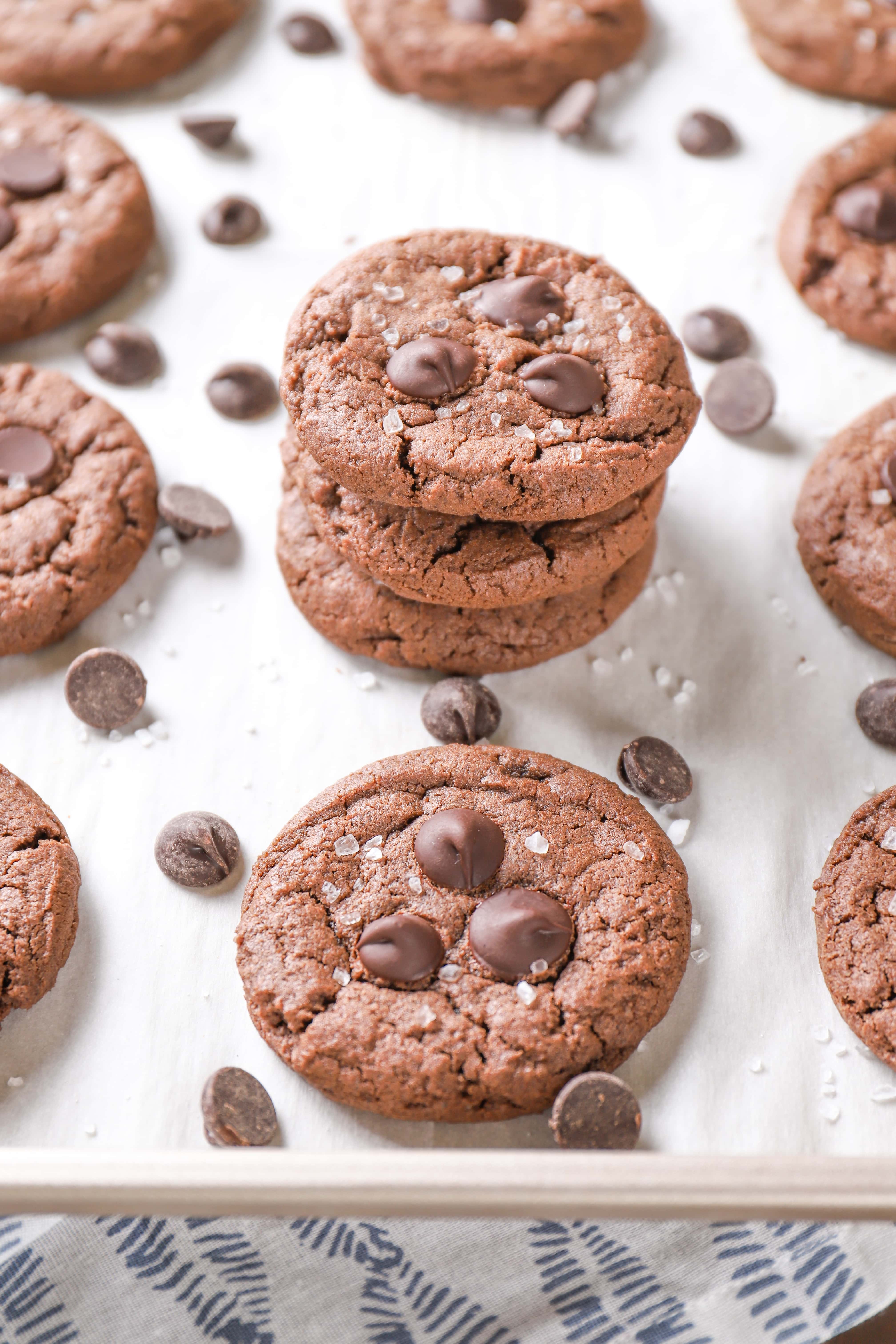 Stack of Salted Dark Chocolate Cookies. Recipe from A Kitchen Addiction