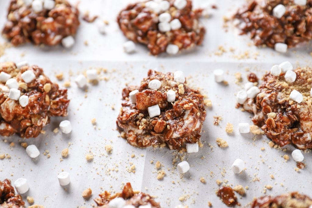 Image of Smores No Bake Smores Cookies setting up on a cookie sheet