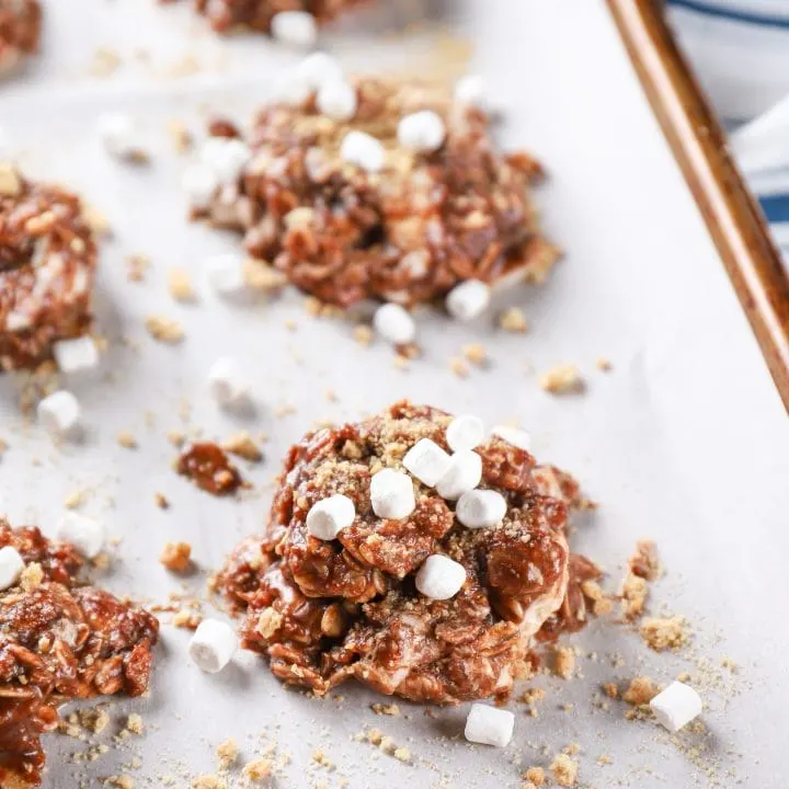 Easy Smores No Bake Cookies on a parchment paper lined baking sheet. Recipe from A Kitchen Addiction