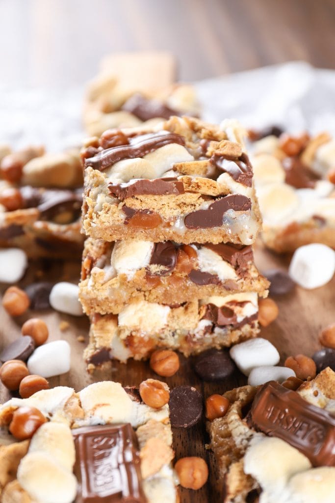 Stack of Caramel Smores Seven Layer Bars