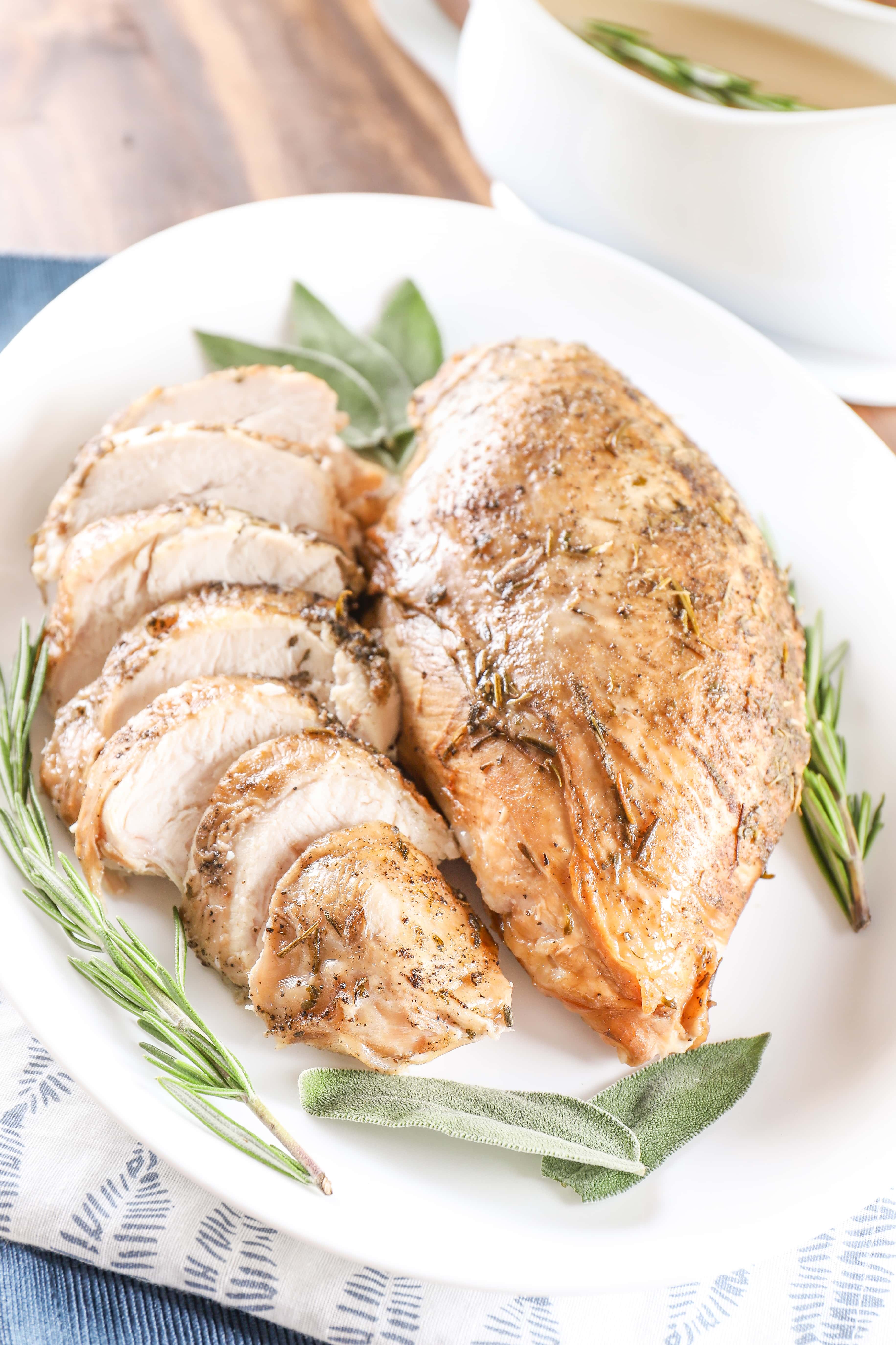 Plate of Spiced Apple Cider Brined Turkey Breast made in the slow cooker.