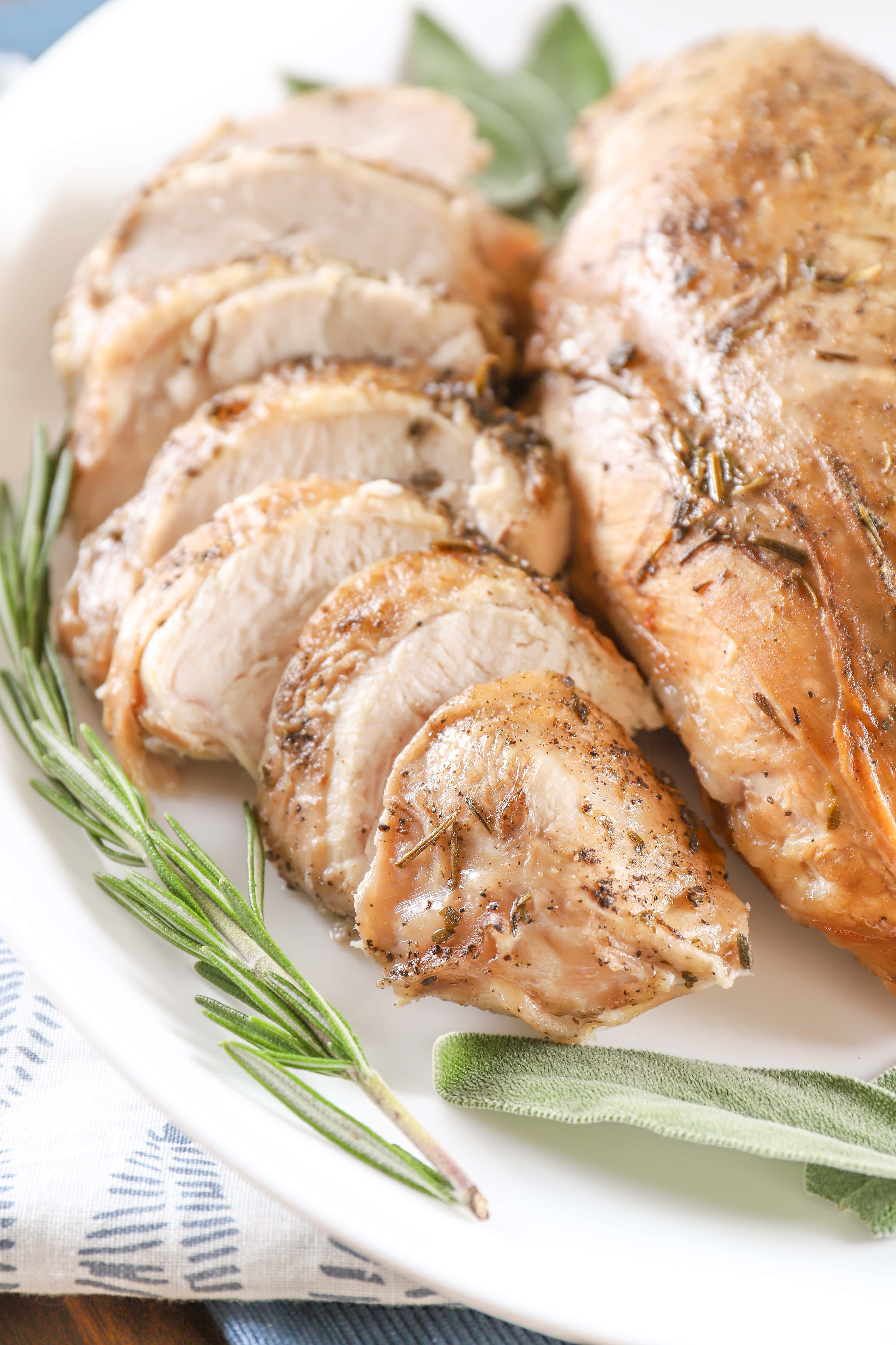 Plated and Sliced Slow Cooker Spiced Apple Cider Turkey Breast. Recipe from A Kitchen Addiction