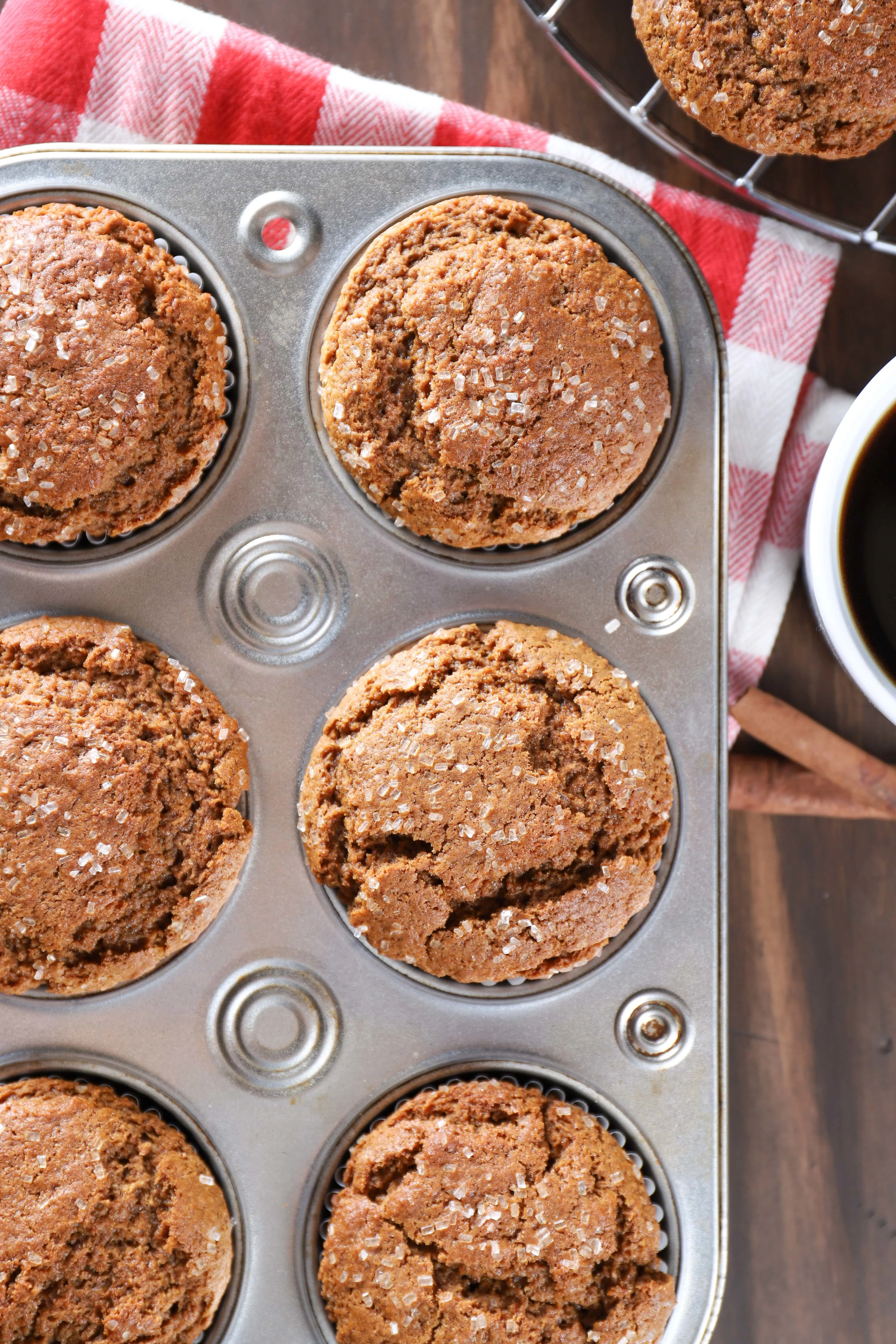 View of Bakery Style Gingerbread Muffins from above. Recipe from A Kitchen Addiction