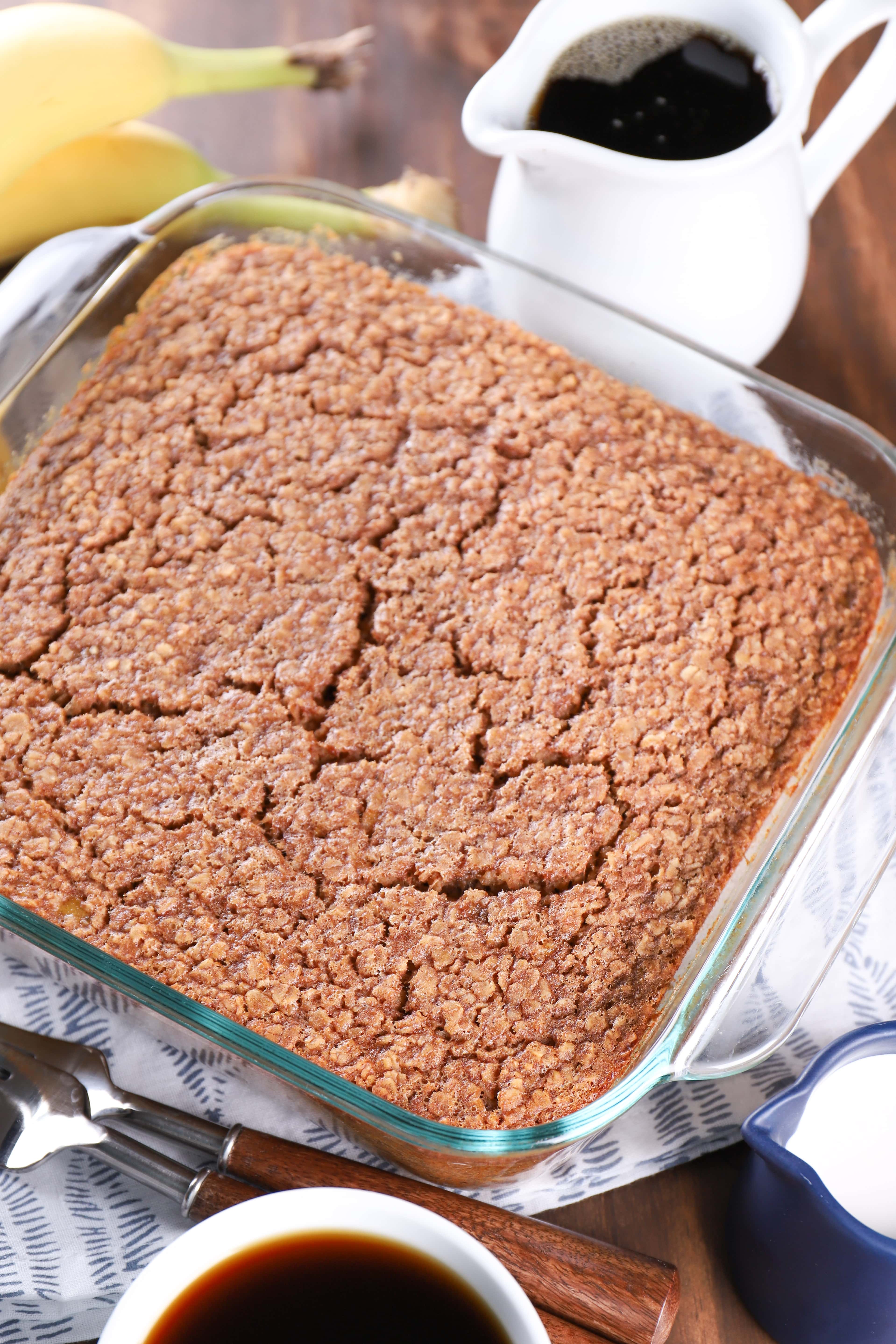 dish of almond butter banana bread baked oatmeal