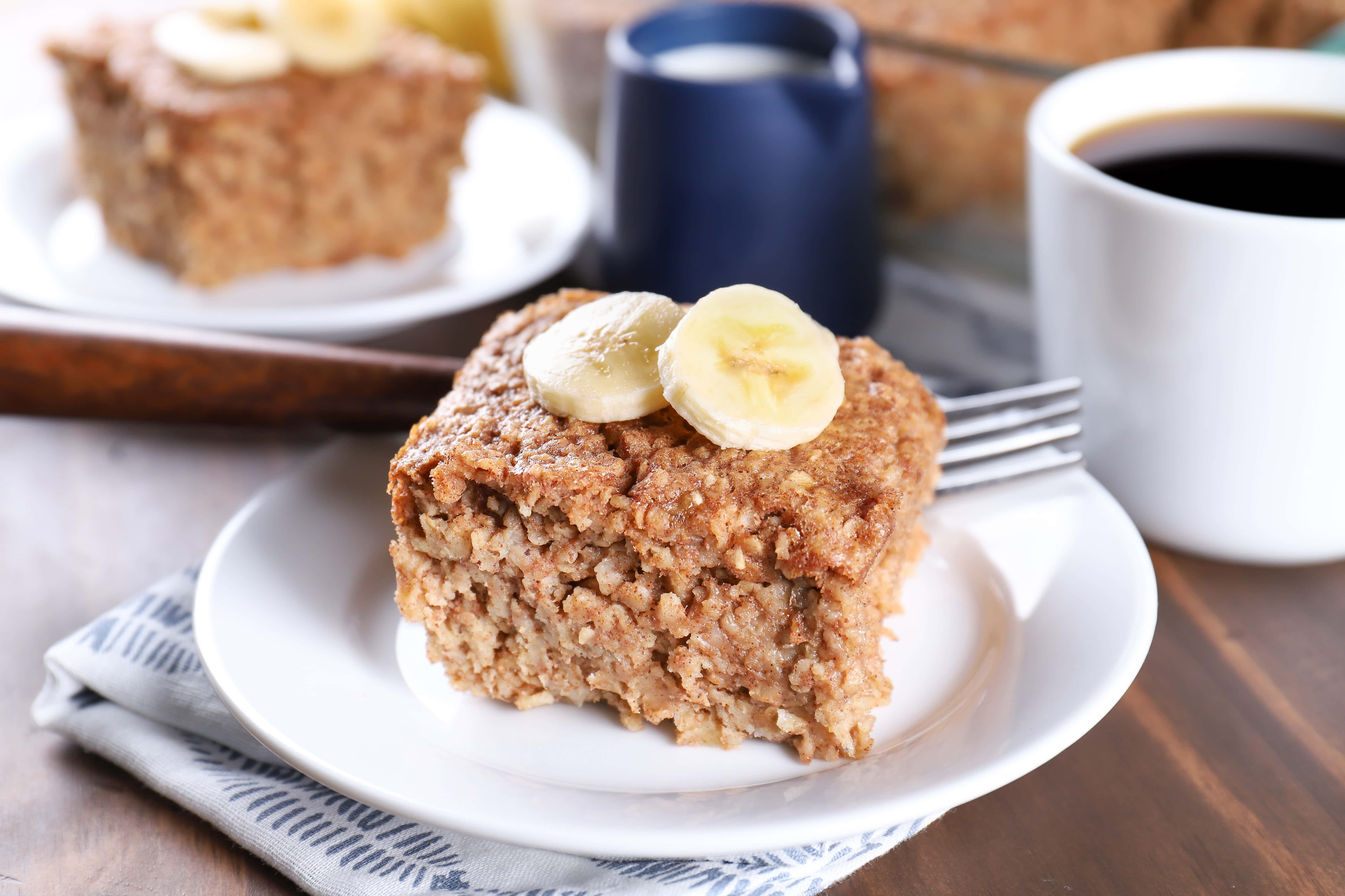 slices of almond butter banana bread baked oatmeal on plates