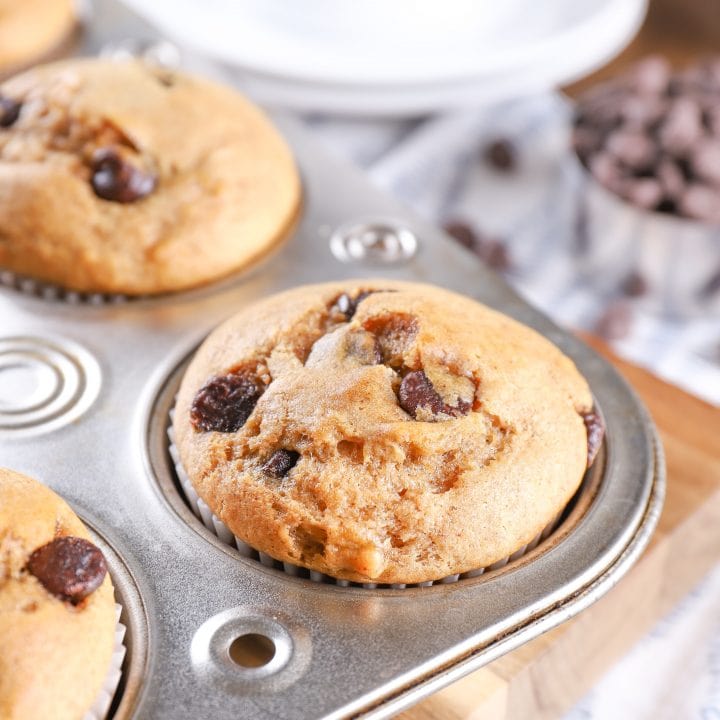 Chocolate Chip Almond Butter Protein Muffins Recipe from A Kitchen Addiction