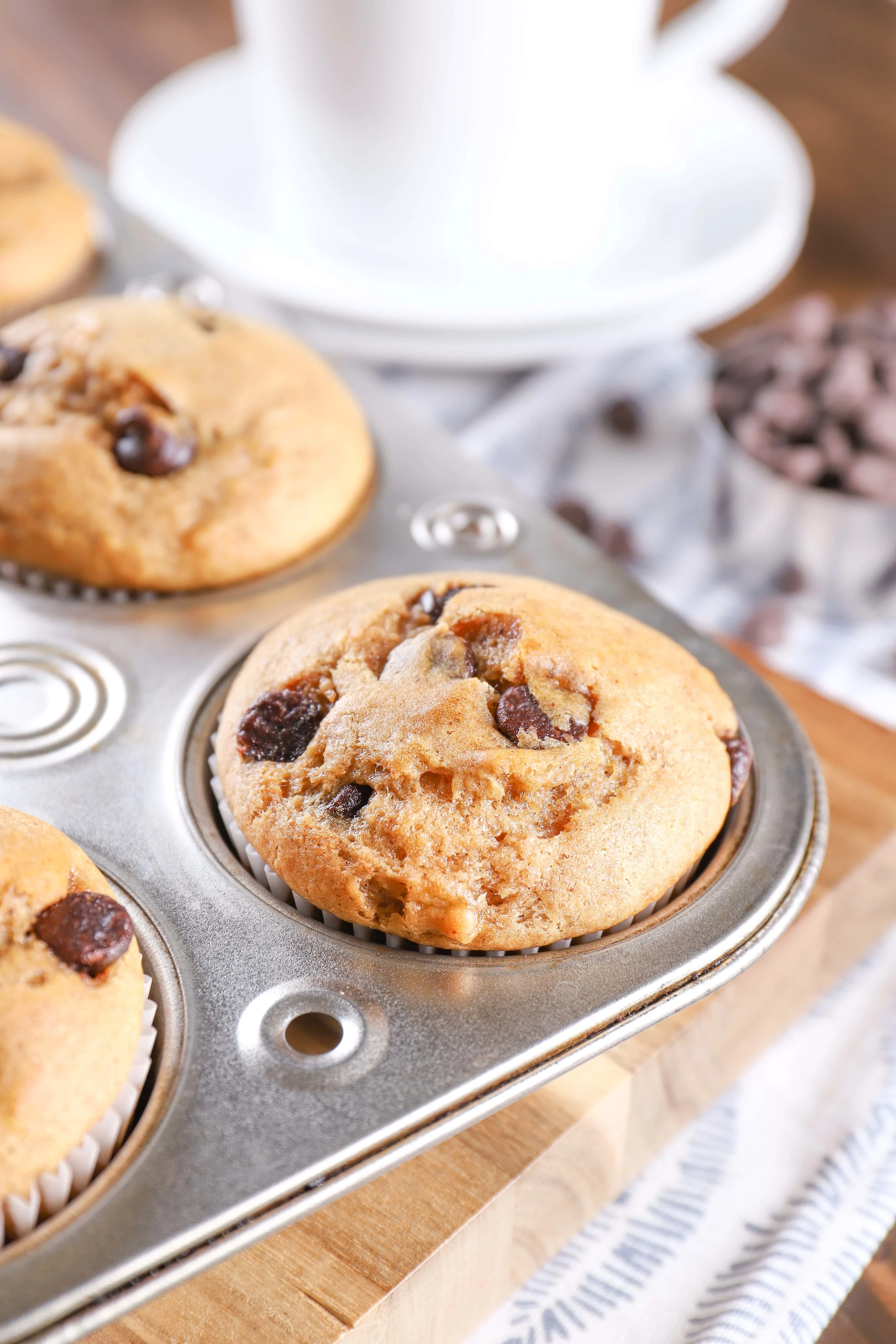 Chocolate Chip Almond Butter Protein Muffins Recipe from A Kitchen Addiction