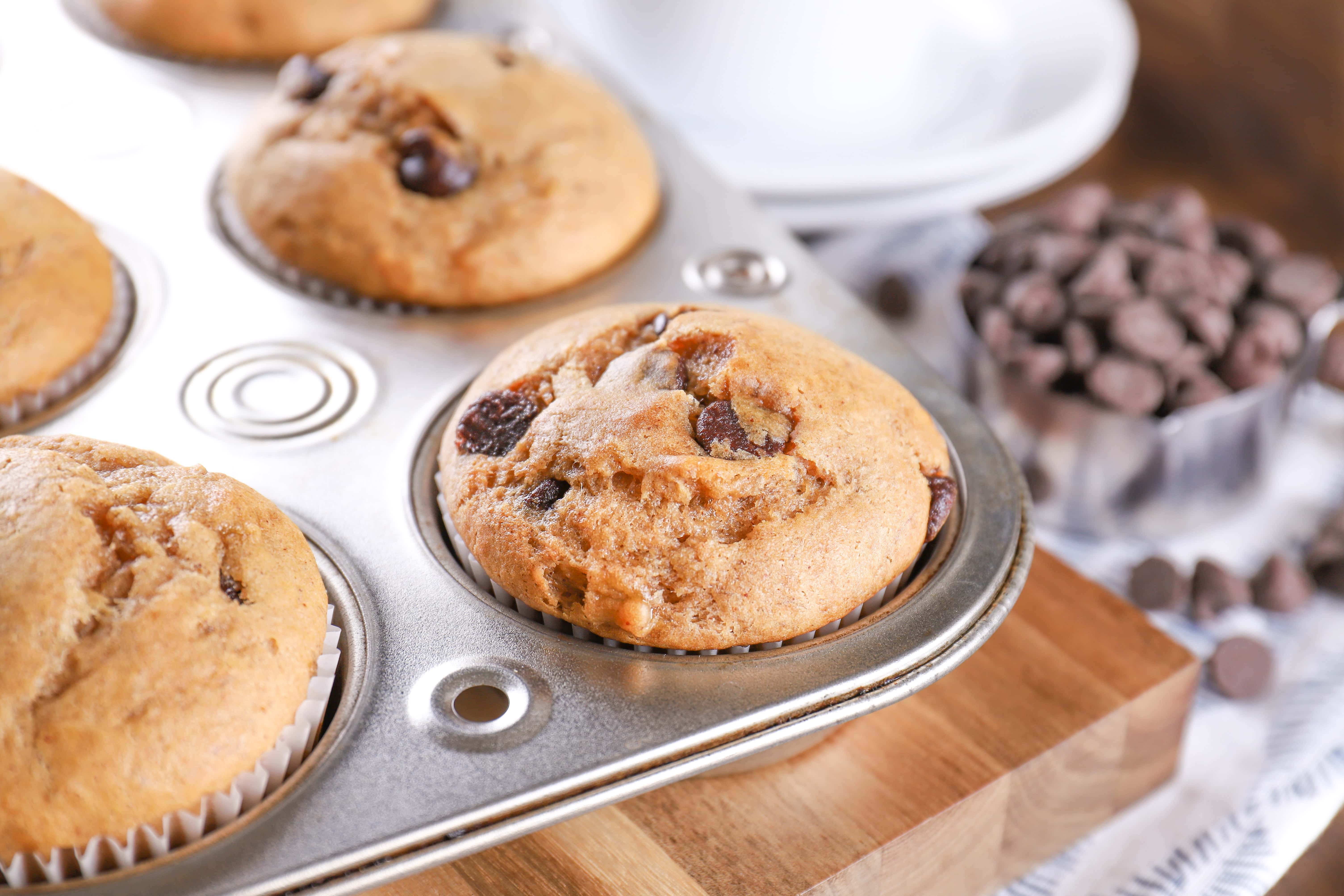 Muffin Tin of Chocolate Chip Almond Butter Protein Muffins. A quick an easy protein muffin recipe