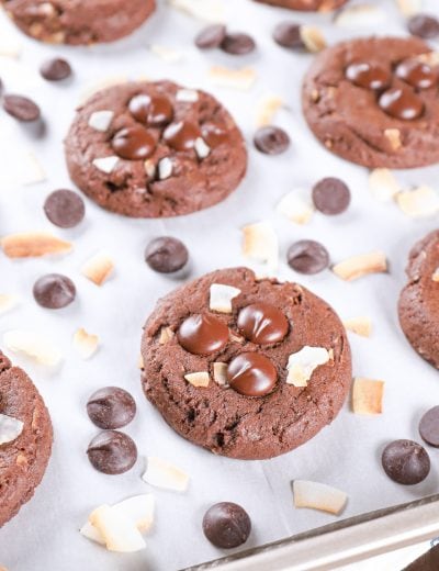baking sheet of chewy dark chocolate coconut cookies