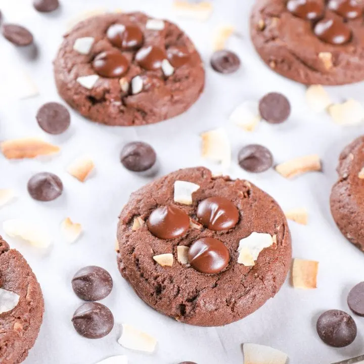 baking sheet of chewy dark chocolate coconut cookies