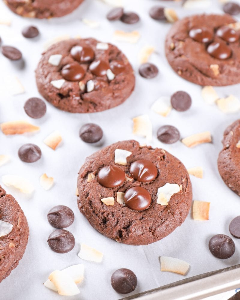 baking sheet of chewy dark chocolate coconut cookies