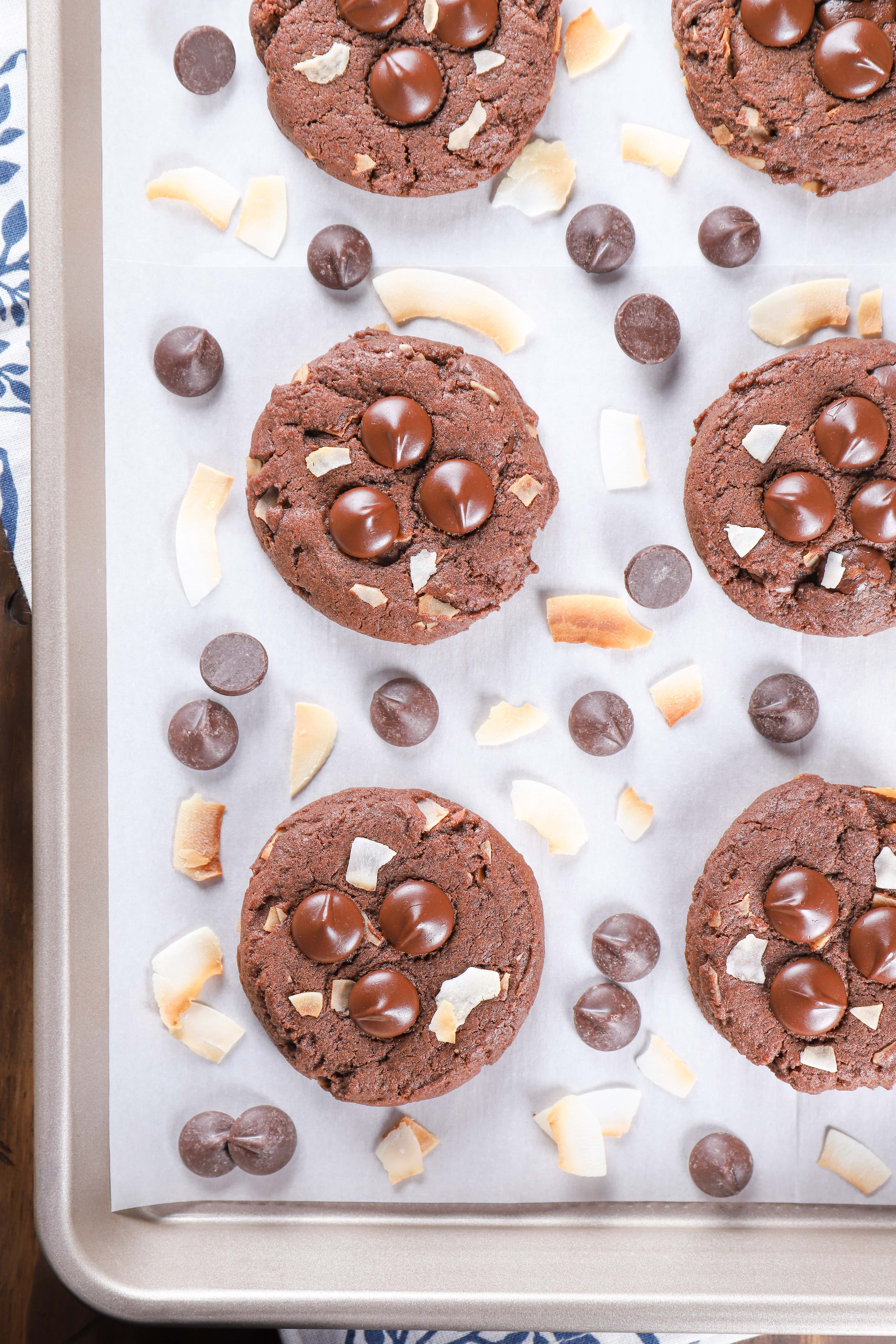 Batch of Dark Chocolate Coconut Cookies on a Baking Sheet