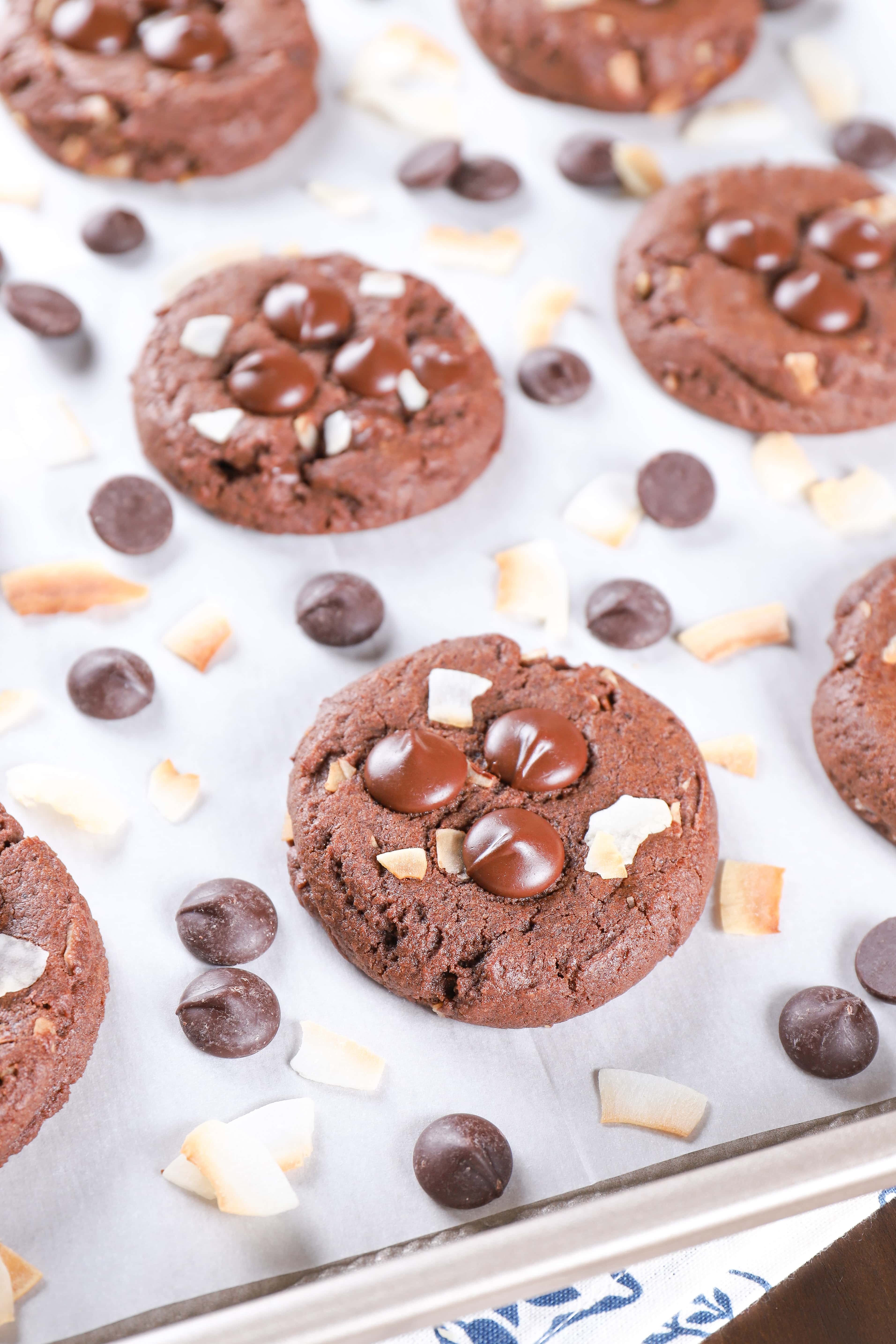 baking sheet of chewy dark chocolate coconut cookies