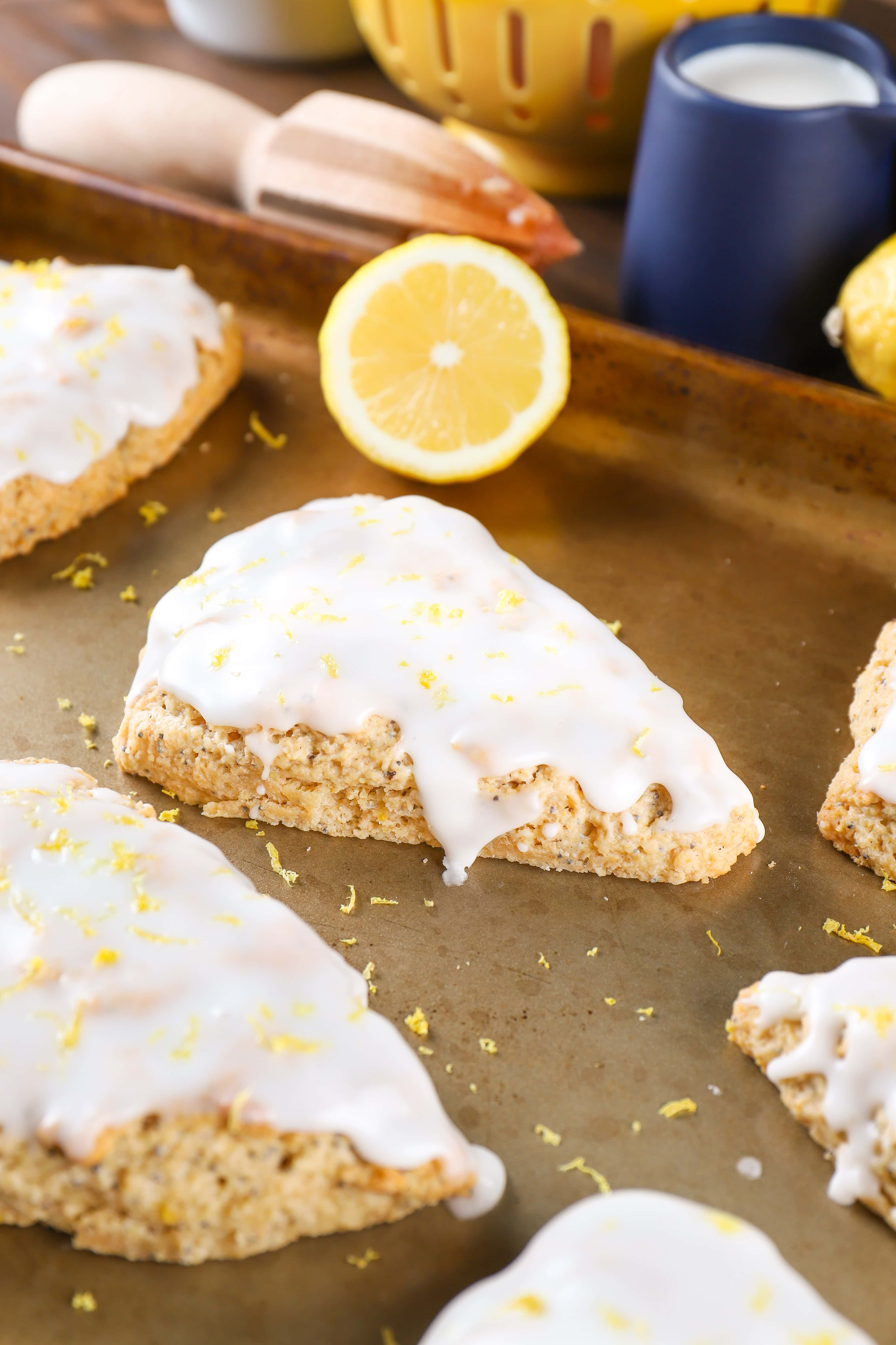 Baking sheet with Lemon Poppy Seed Scones. Recipe from A Kitchen Addiction