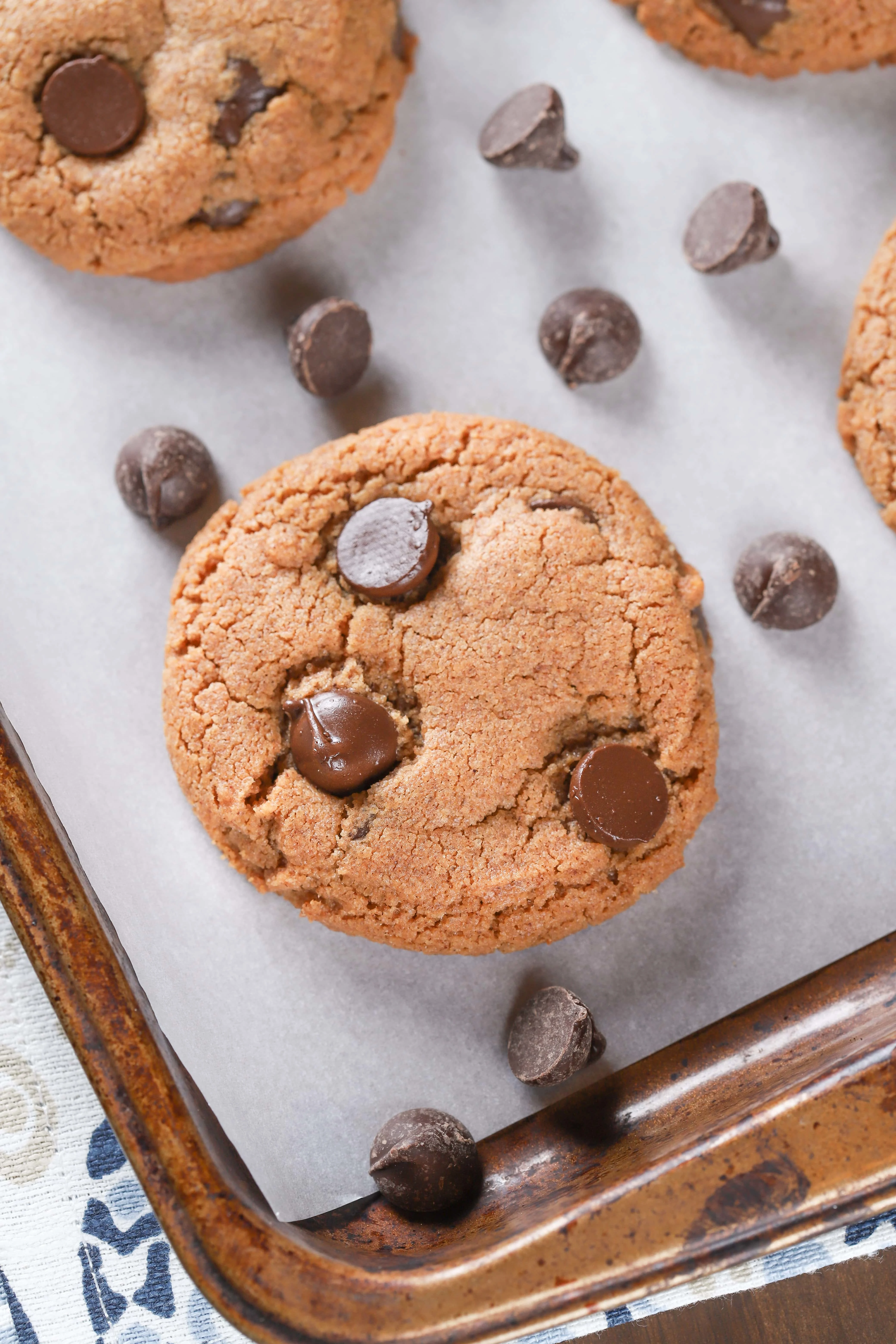 Up close image of a flourless almond butter chocolate chip cookie. Recipe from A Kitchen Addiction