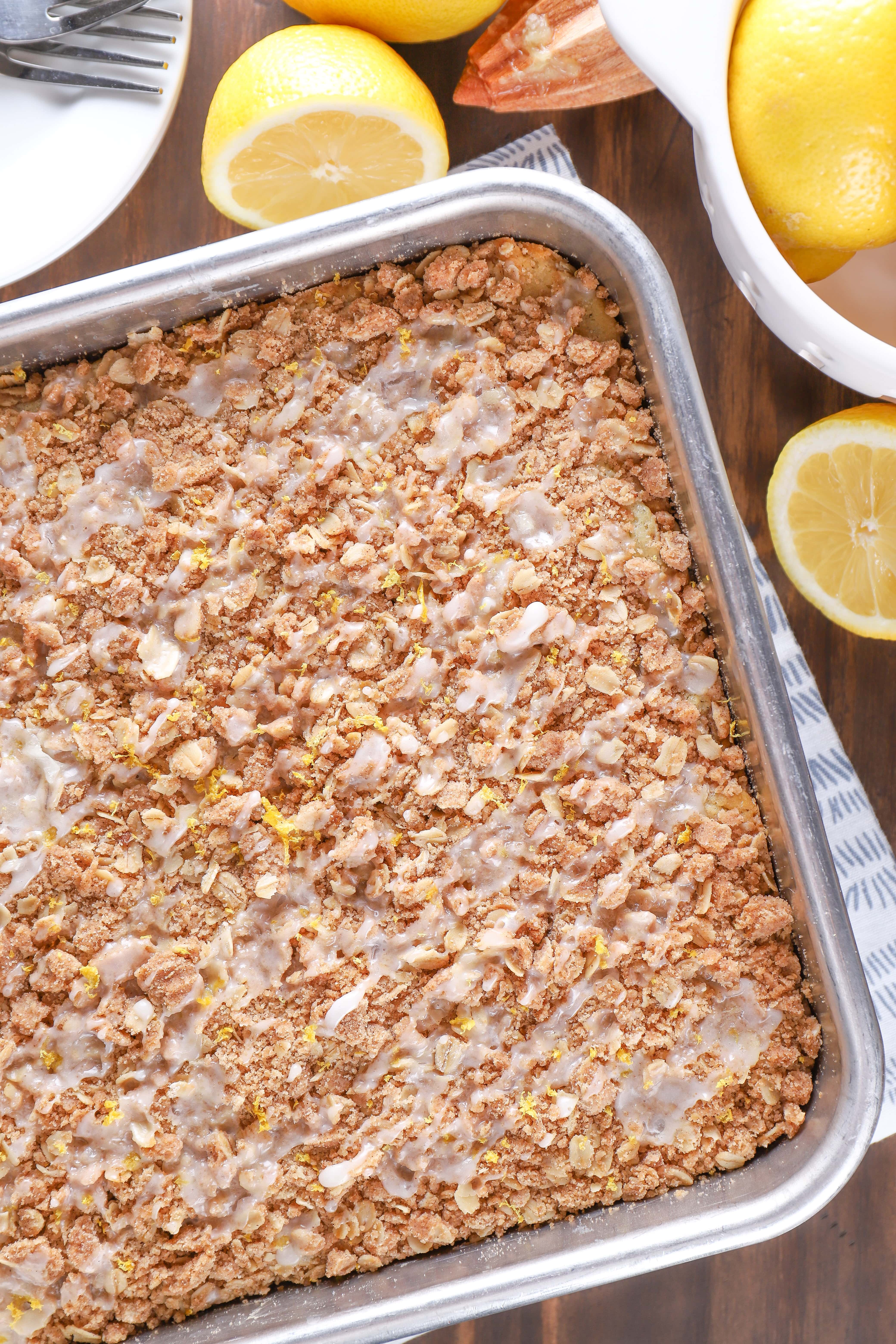 Overhead view of Pan of Lemon Poppy Seed Coffee Cake. Recipe from A Kitchen Addiction