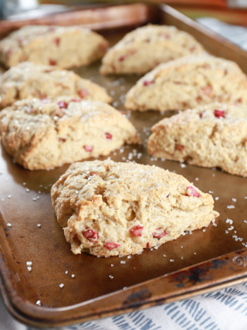 Rhubarb scones on a baking sheet with stalks of rhubarb in the background. Recipe from A Kitchen Addiction