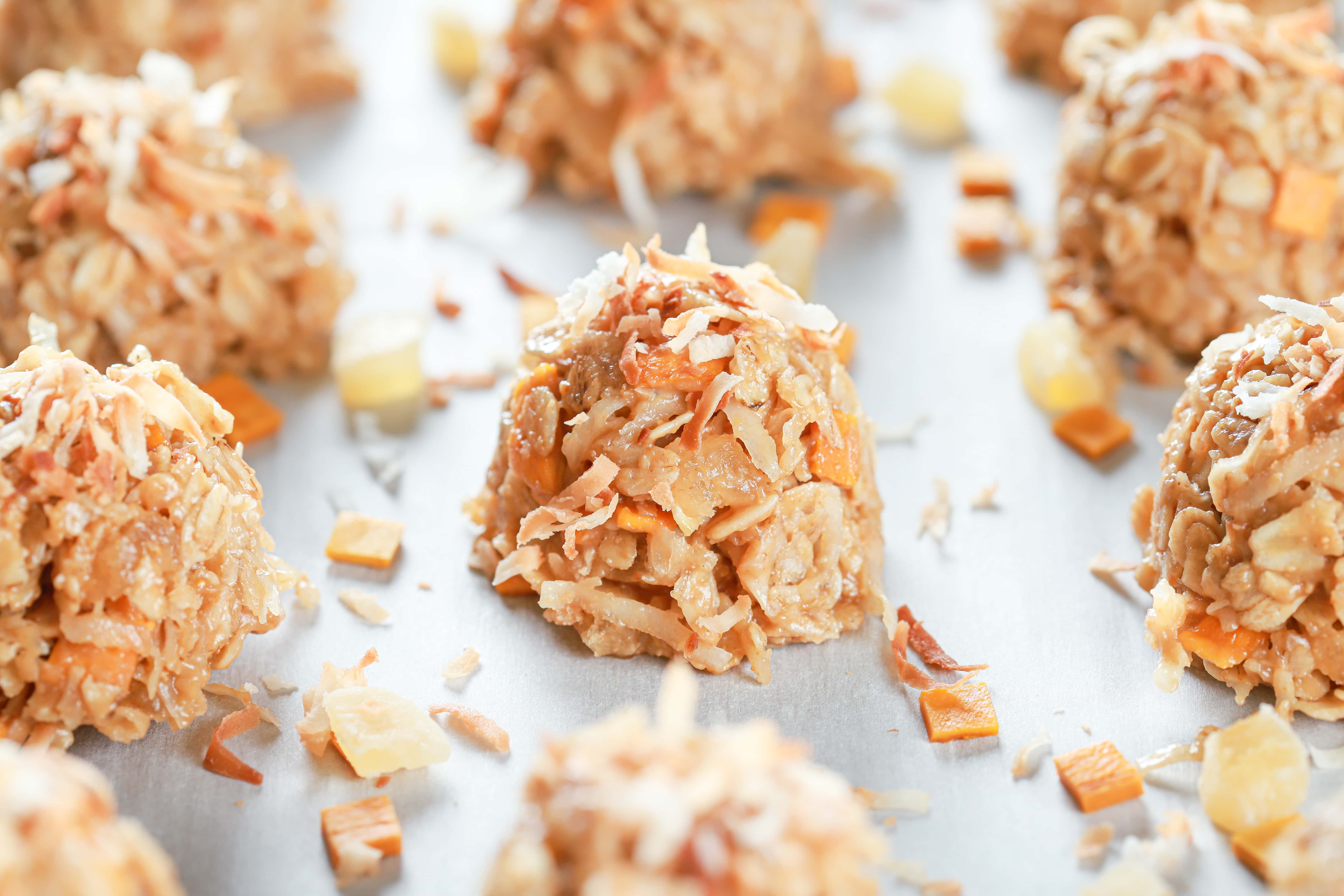 Up close view of a tropical no bake cookie filled with pineapple, mango, and coconut.