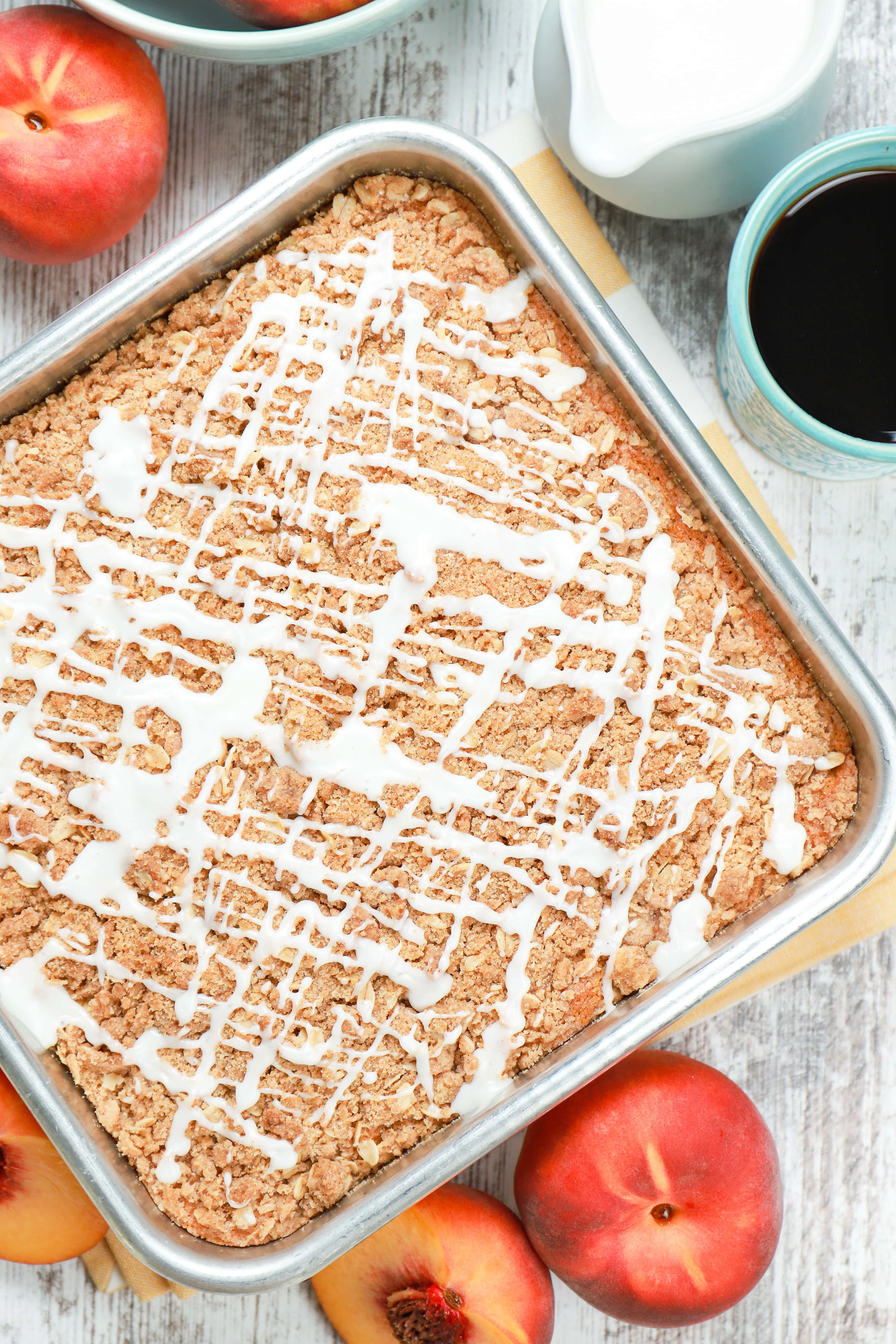 Overhead view of a pan of peach coffee cake.