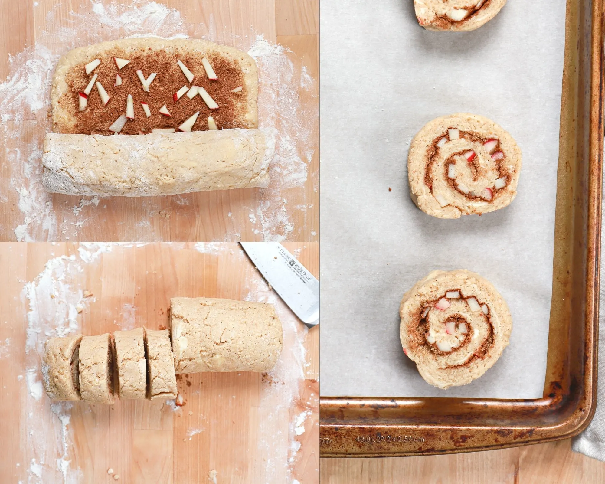 A collage of the process of rolling up and cutting the dough into spirals
