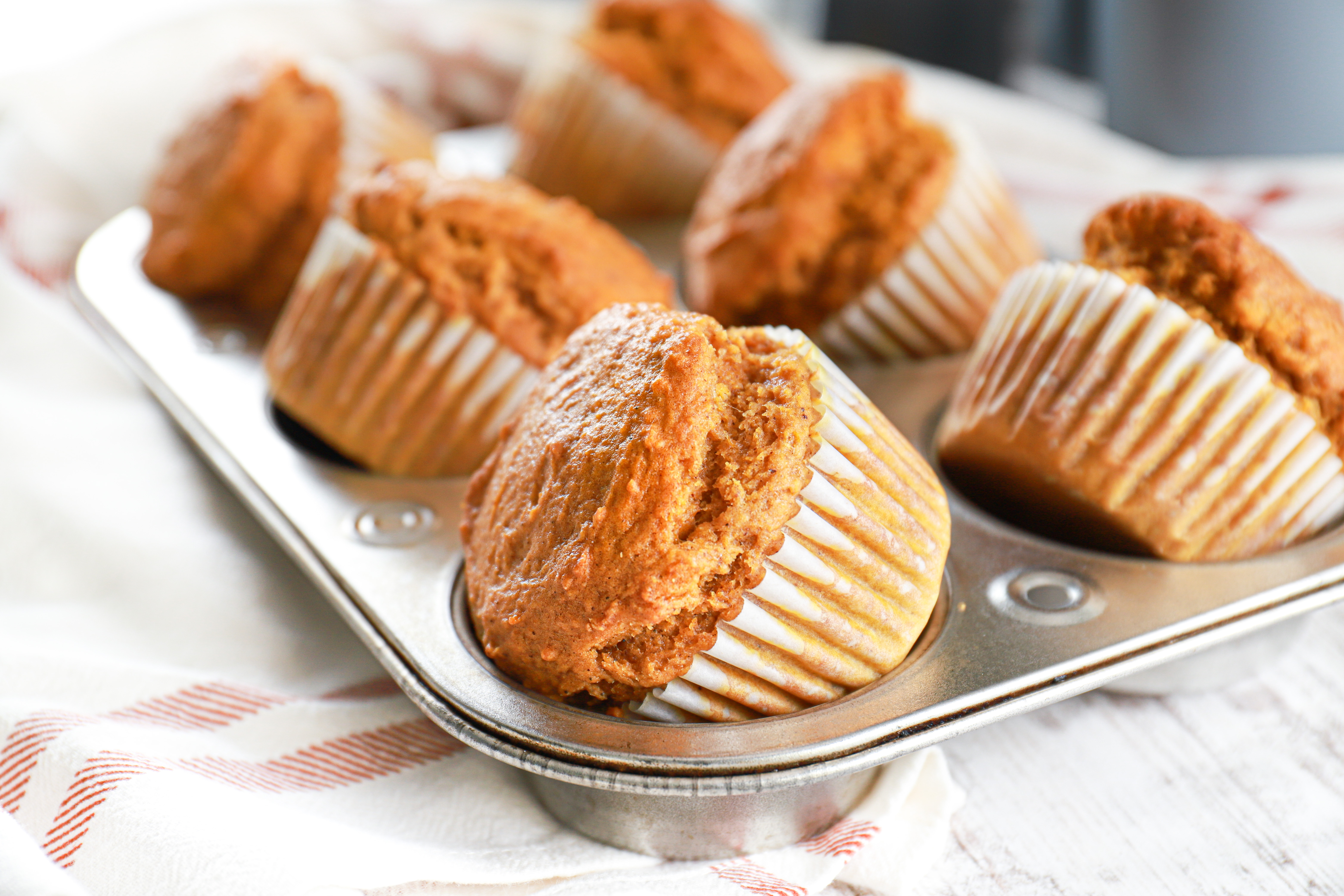 Bakery style pumpkin muffins in a muffin tin