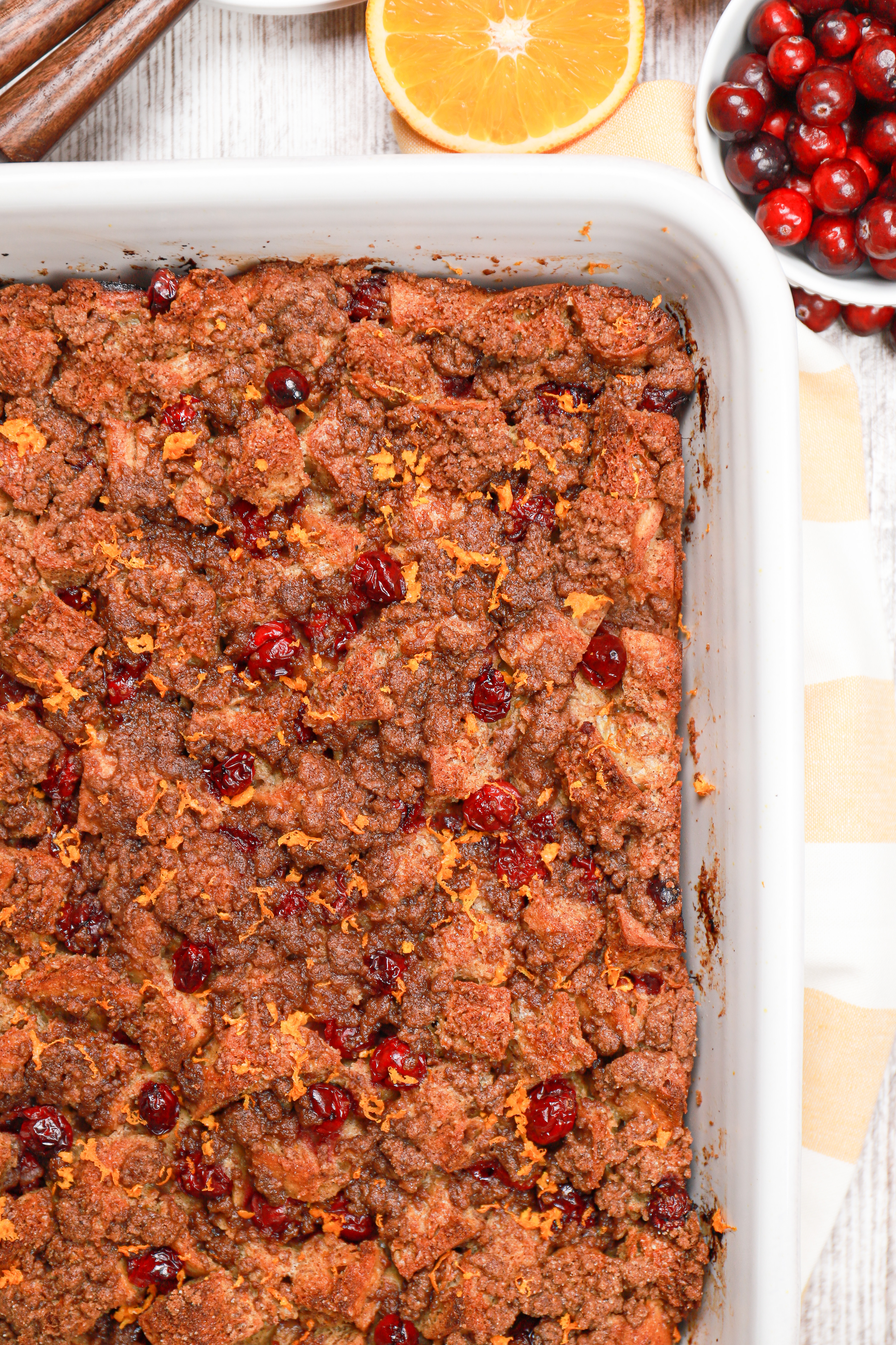 Overhead view of a pan of cranberry orange french toast casserole.