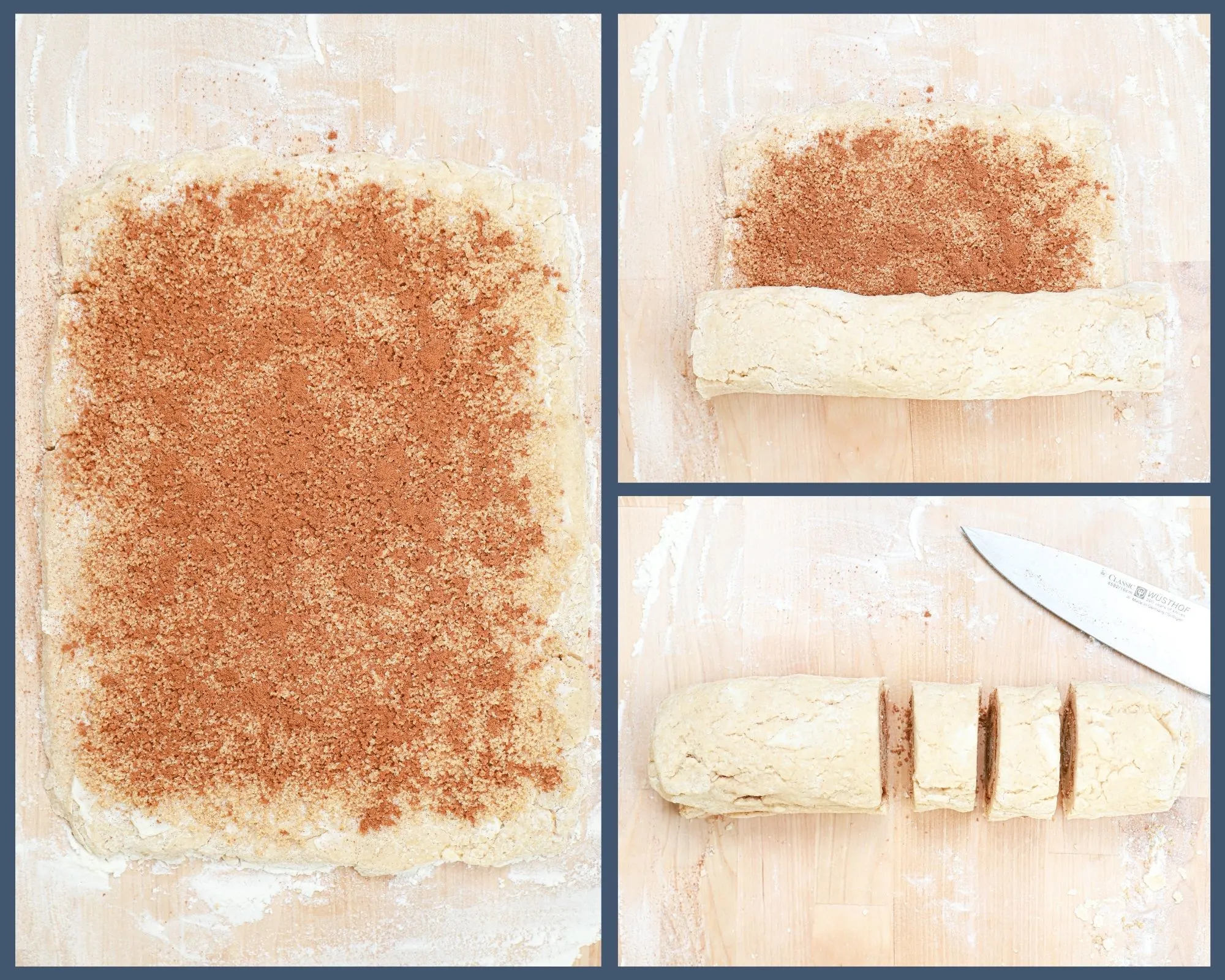 Collage of images showing the scone dough rolled out with filling, then half rolled into a log, and then cut into spirals.