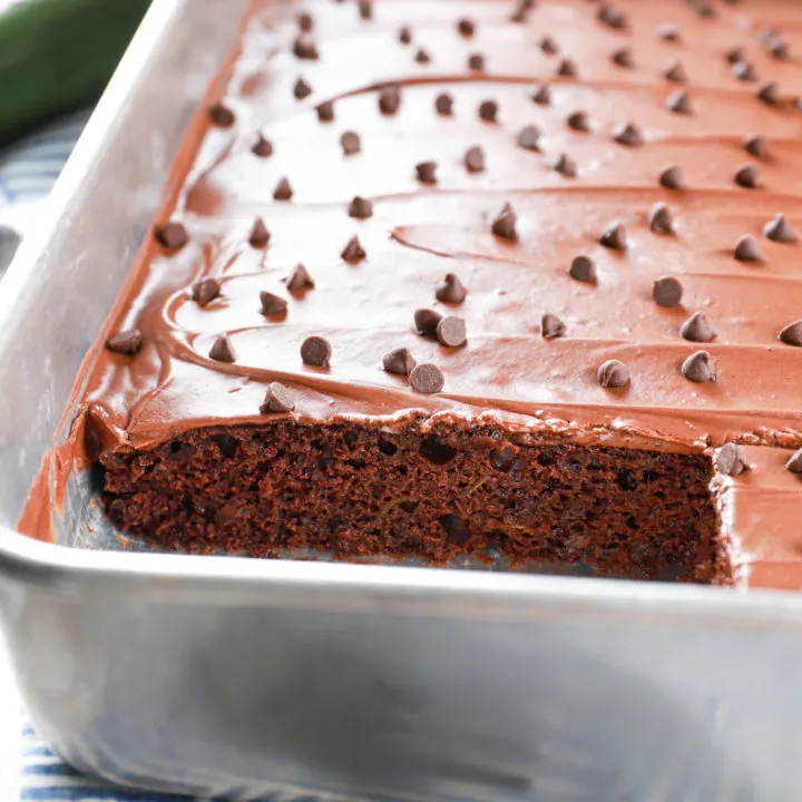 Side view of a row of frosted chocolate zucchini bars in their baking dish.