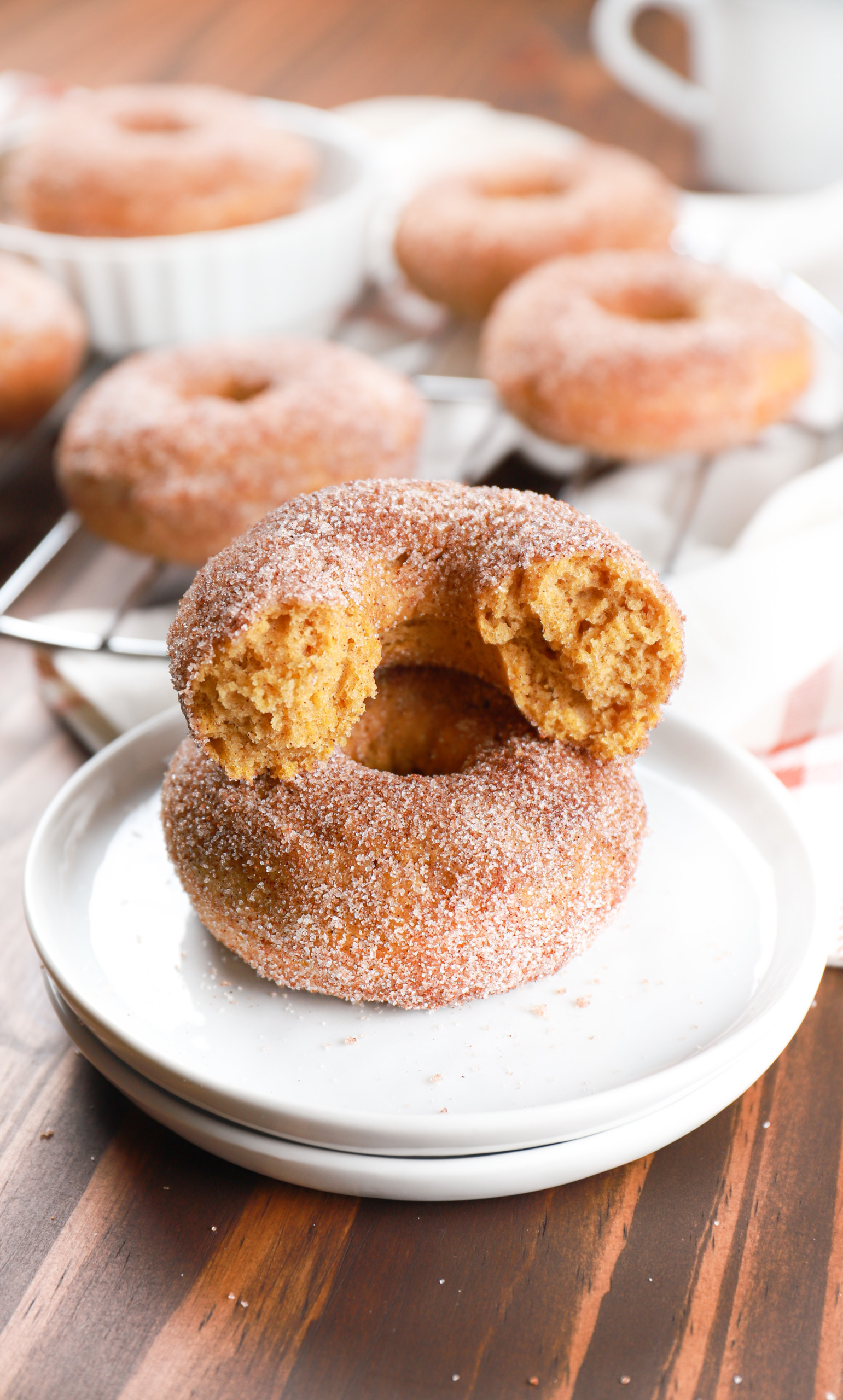 A baked cinnamon sugar pumpkin donut that is broken in half sitting on top of another donut all on a small white plate.