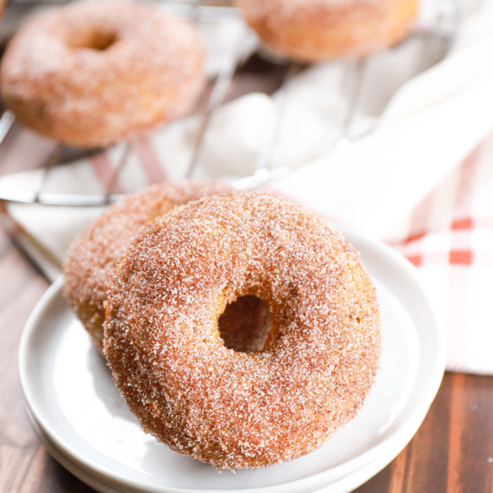 Side view of two cinnamon sugar pumpkin donuts on a small white plate.