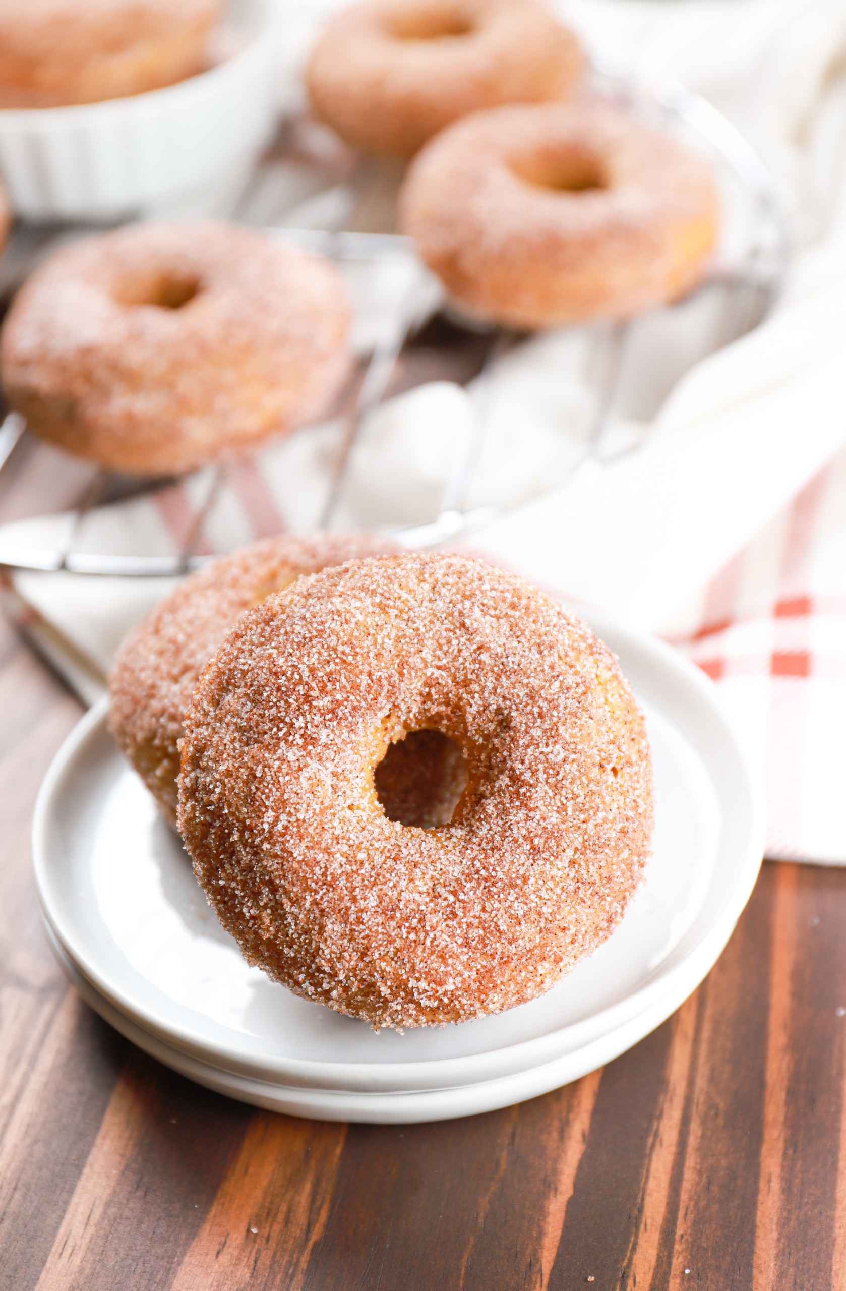 Side view of two cinnamon sugar pumpkin donuts on a small white plate.