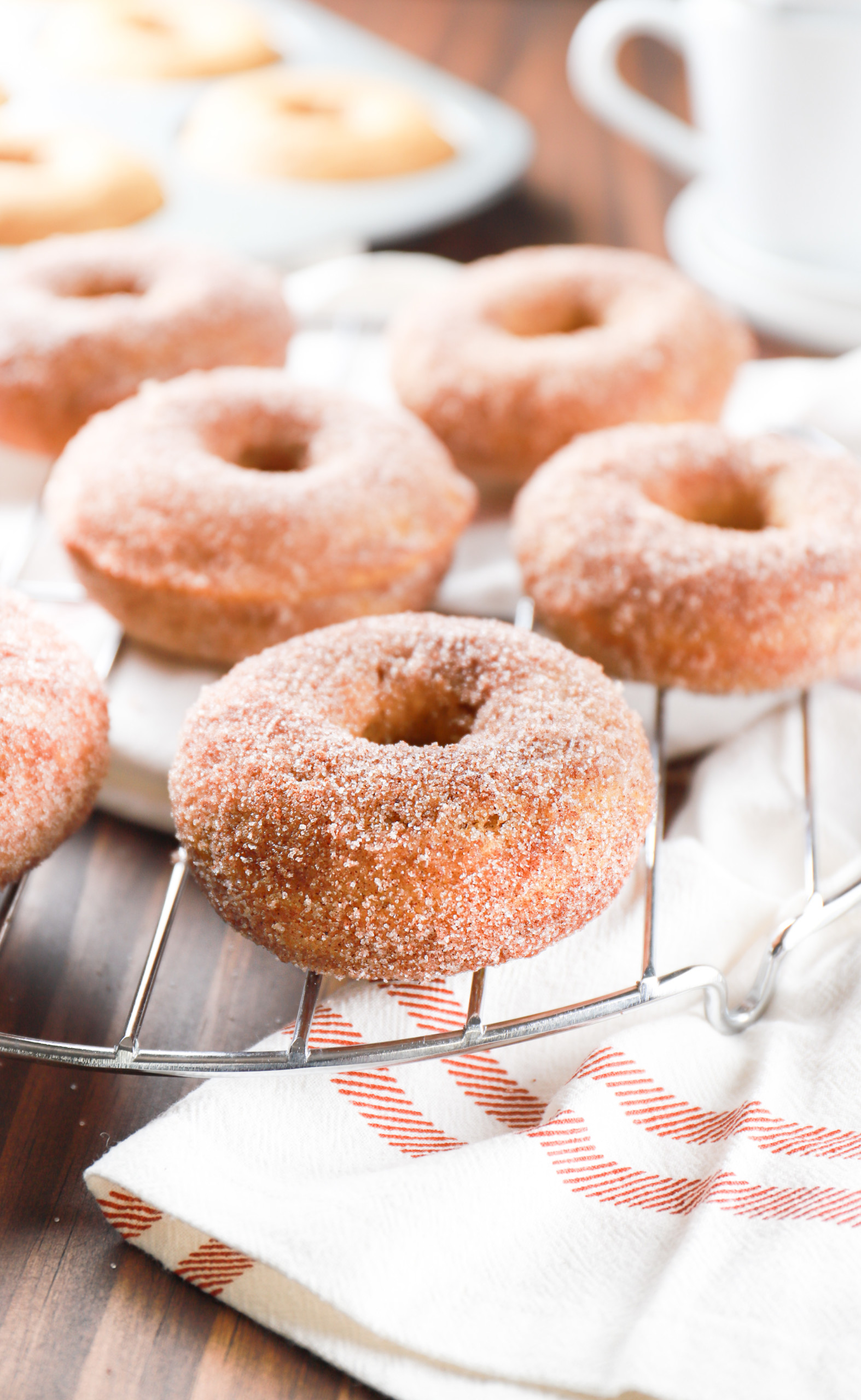 A batch of cinnamon sugar coated baked pumpkin donuts on a wire cooling rack.