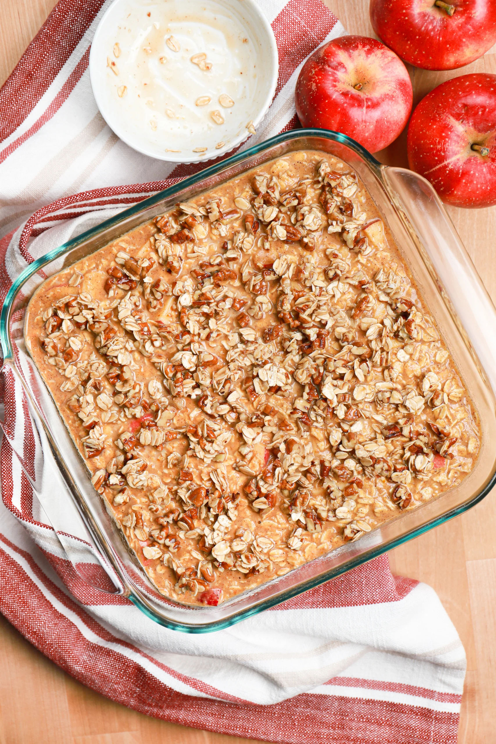 Overhead view of the pumpkin apple baked oatmeal before baking.