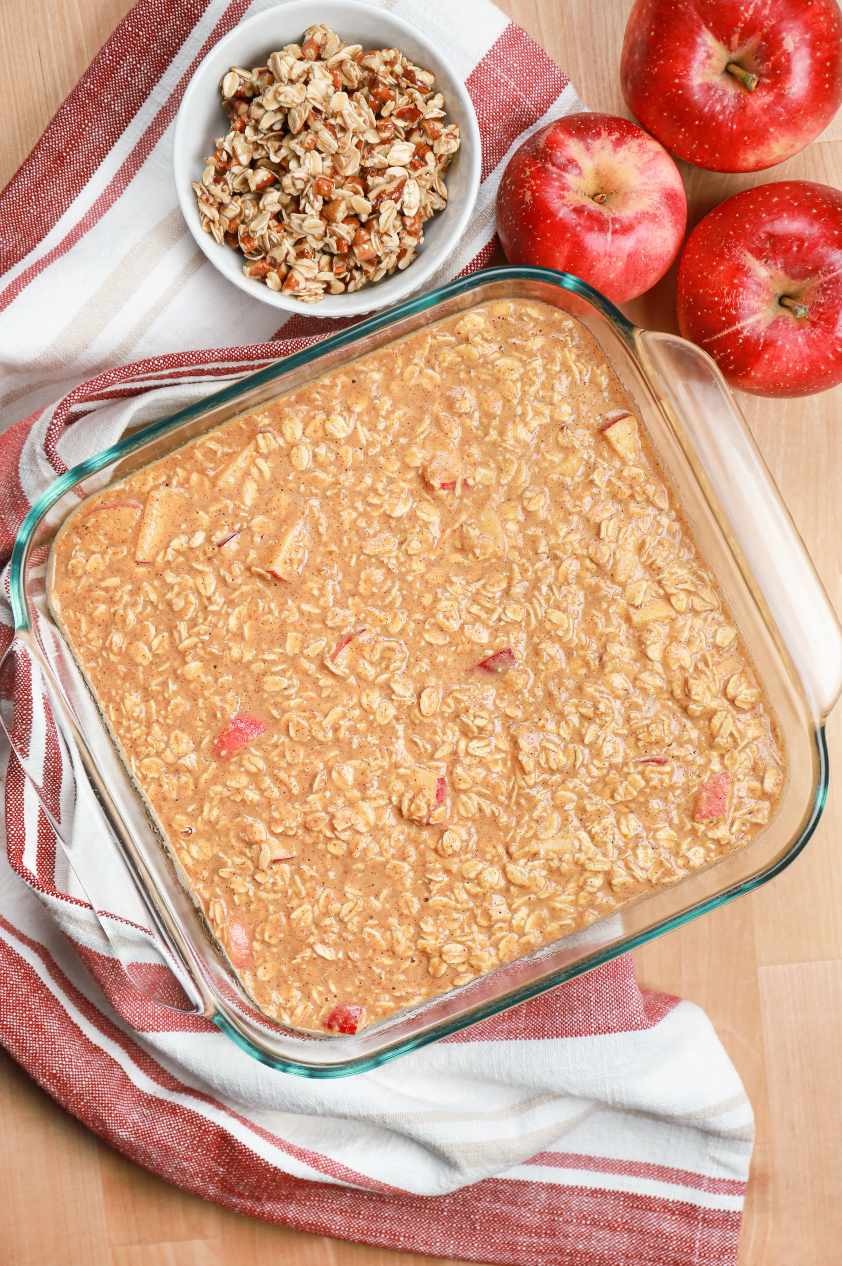 Overhead view of the pumpkin apple baked oatmeal before the pecan streusel has been added.