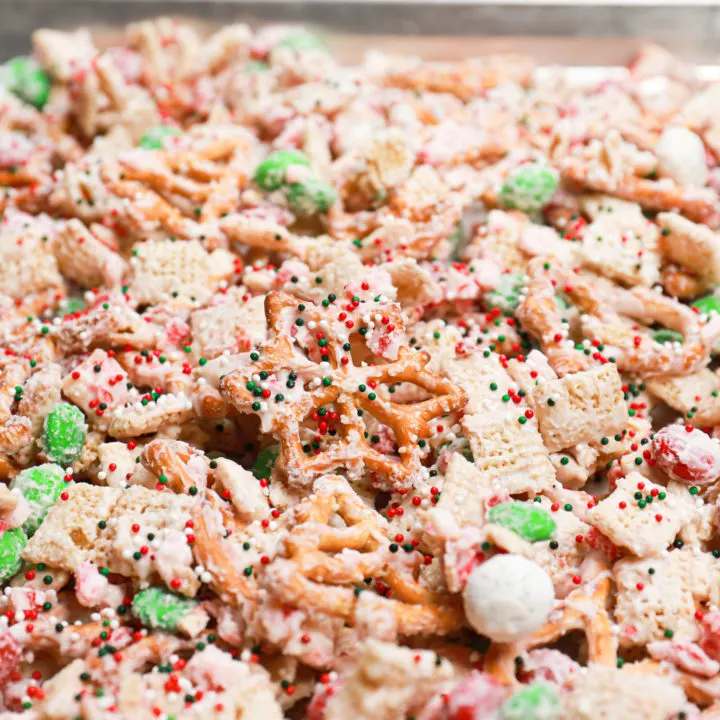 Peppermint crunch snack mix on a baking sheet.