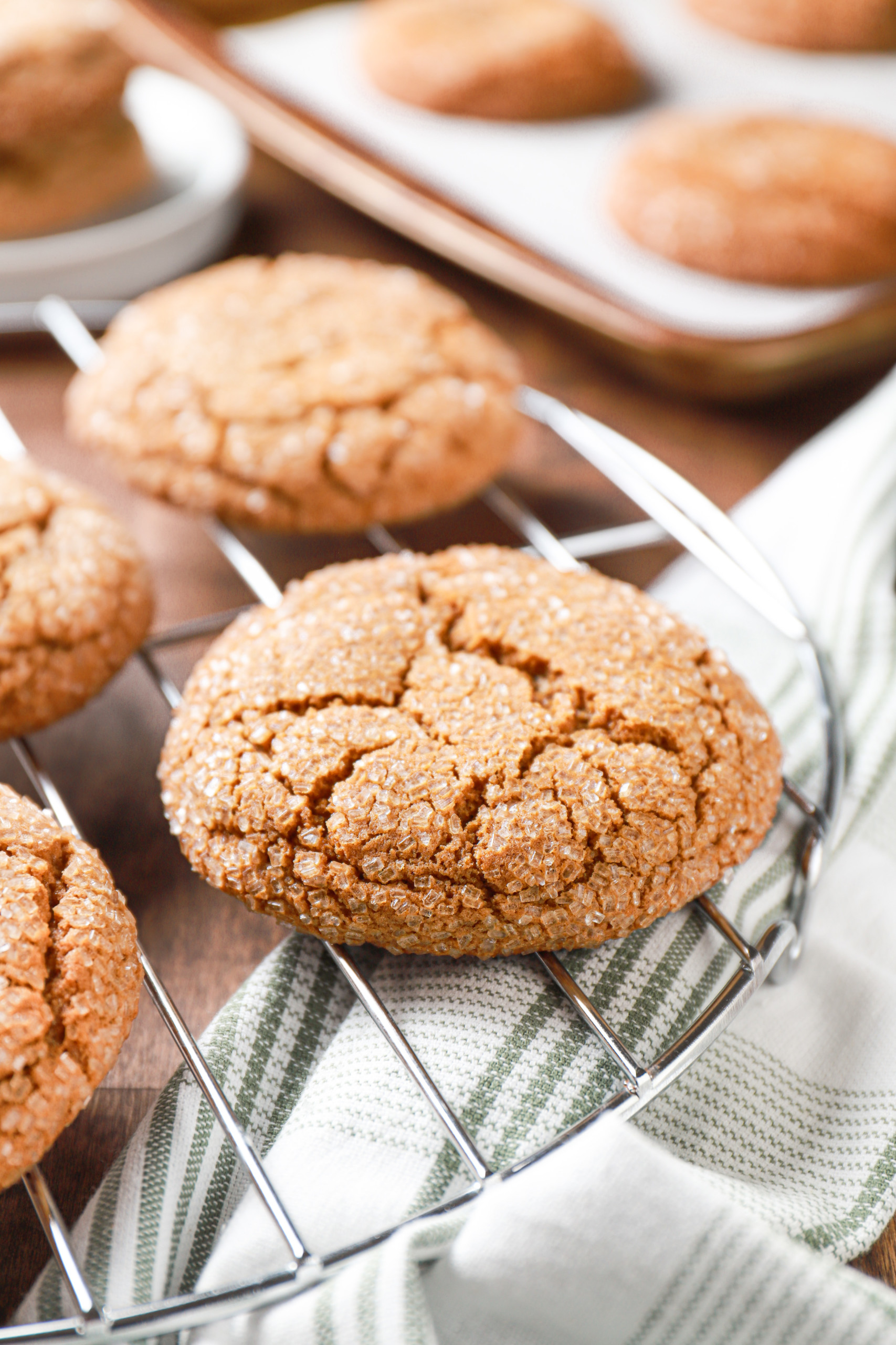 Side view of a bakery style molasses cookie on a cooling rack surrounded by more cookies.