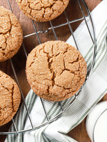 Up close overhead view of a bakery style molasses cookie.