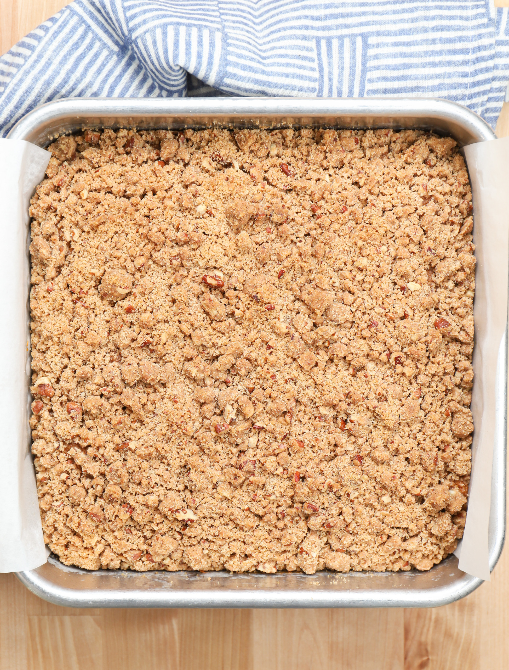 Overhead view of a carrot cake coffee cake right out of the oven before a cream cheese drizzle.