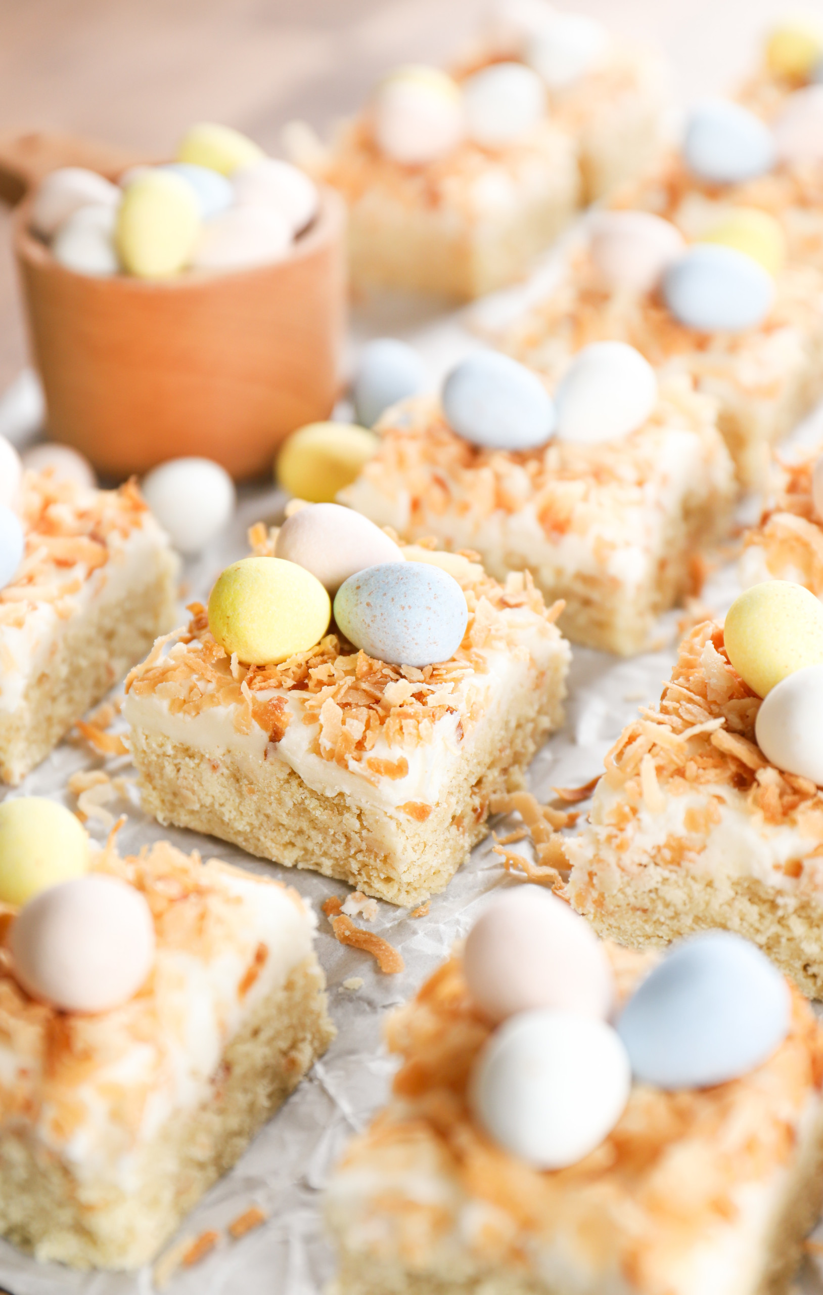 Side view of a coconut frosted sugar cookie bars with the remainder of the bars surrounding it.