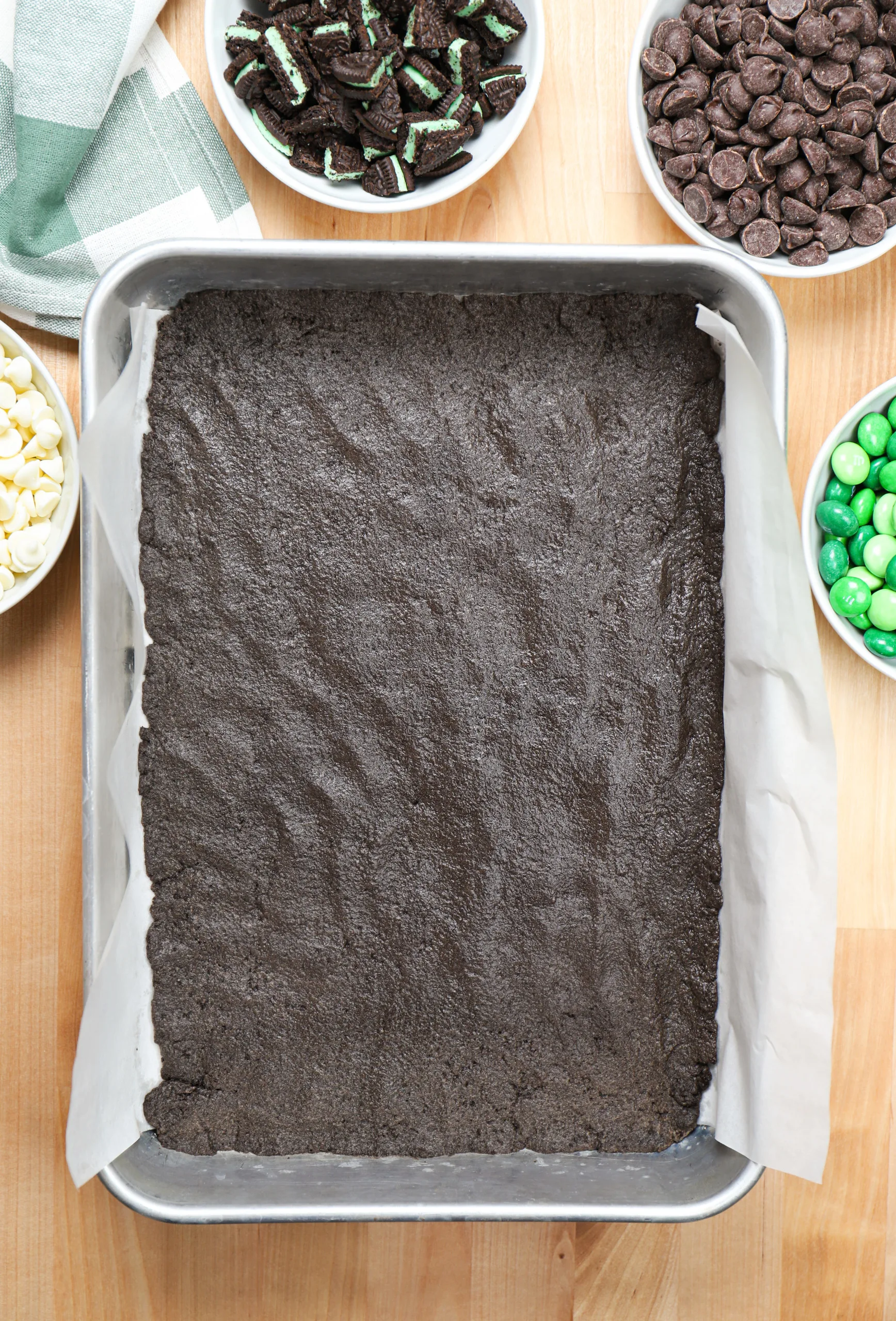 Chocolate cookie crust right out of the oven before the toppings are put on.