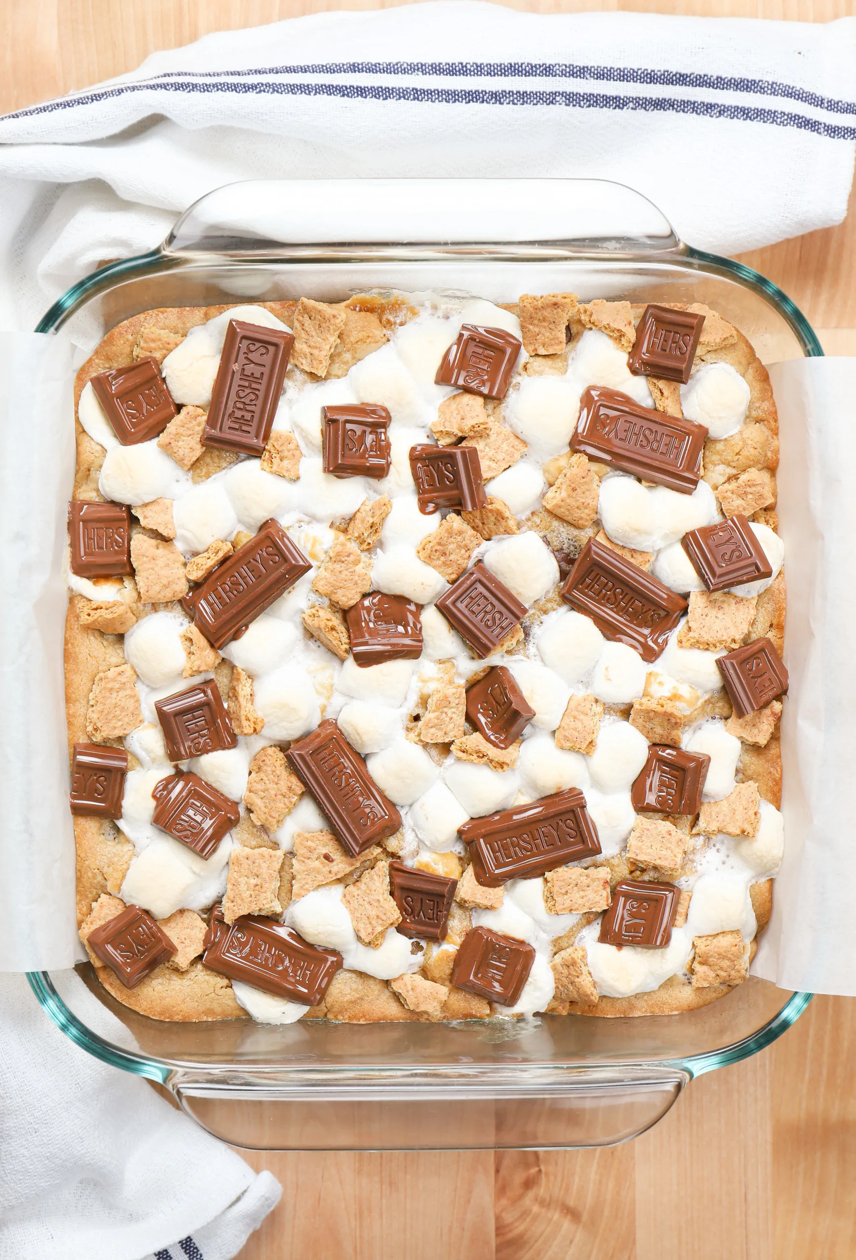 Overhead view of a pan of peanut butter smores bars right out of the oven.