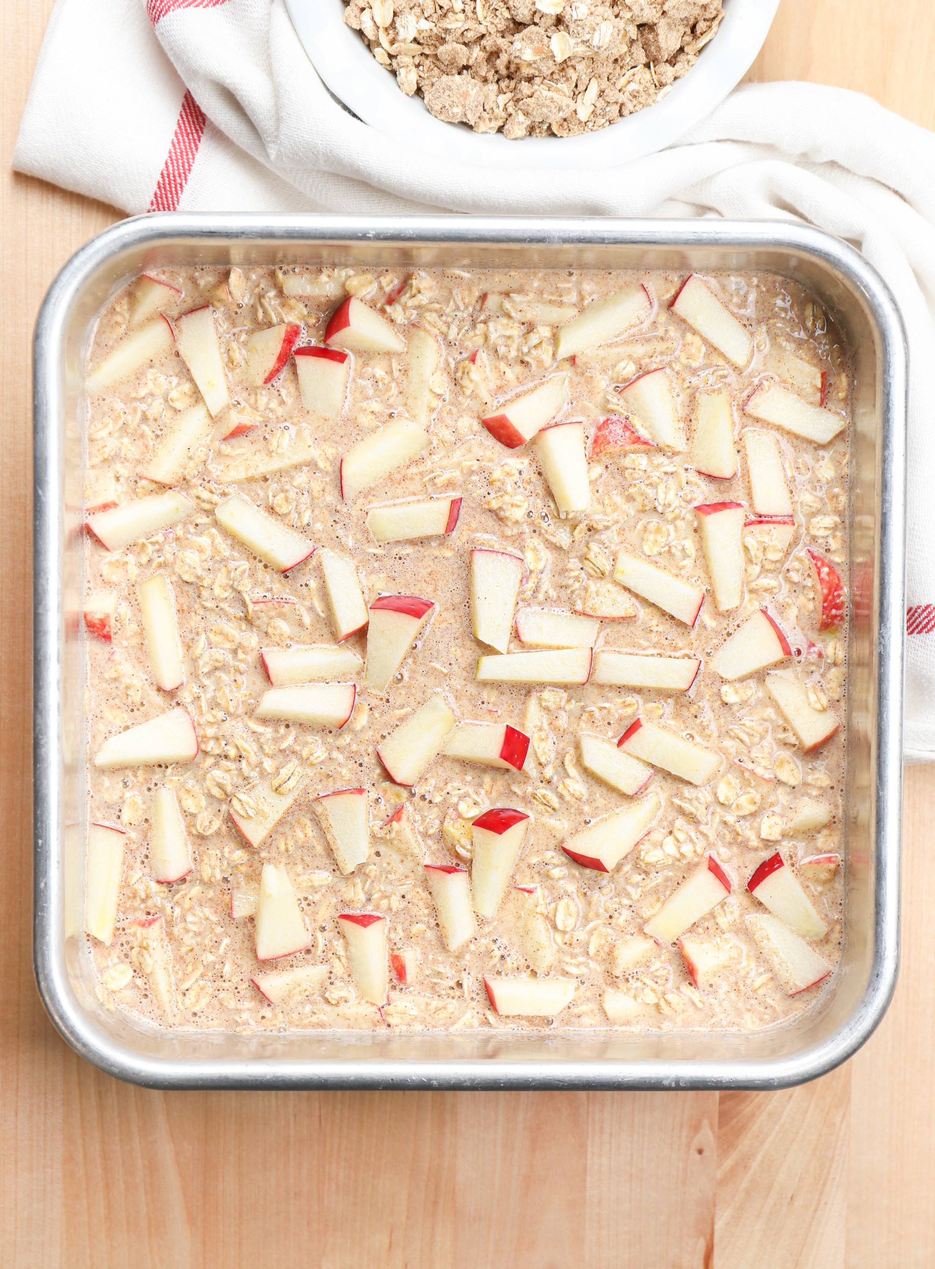 Overhead view of the apple baked oatmeal before the streusel topping is put on.