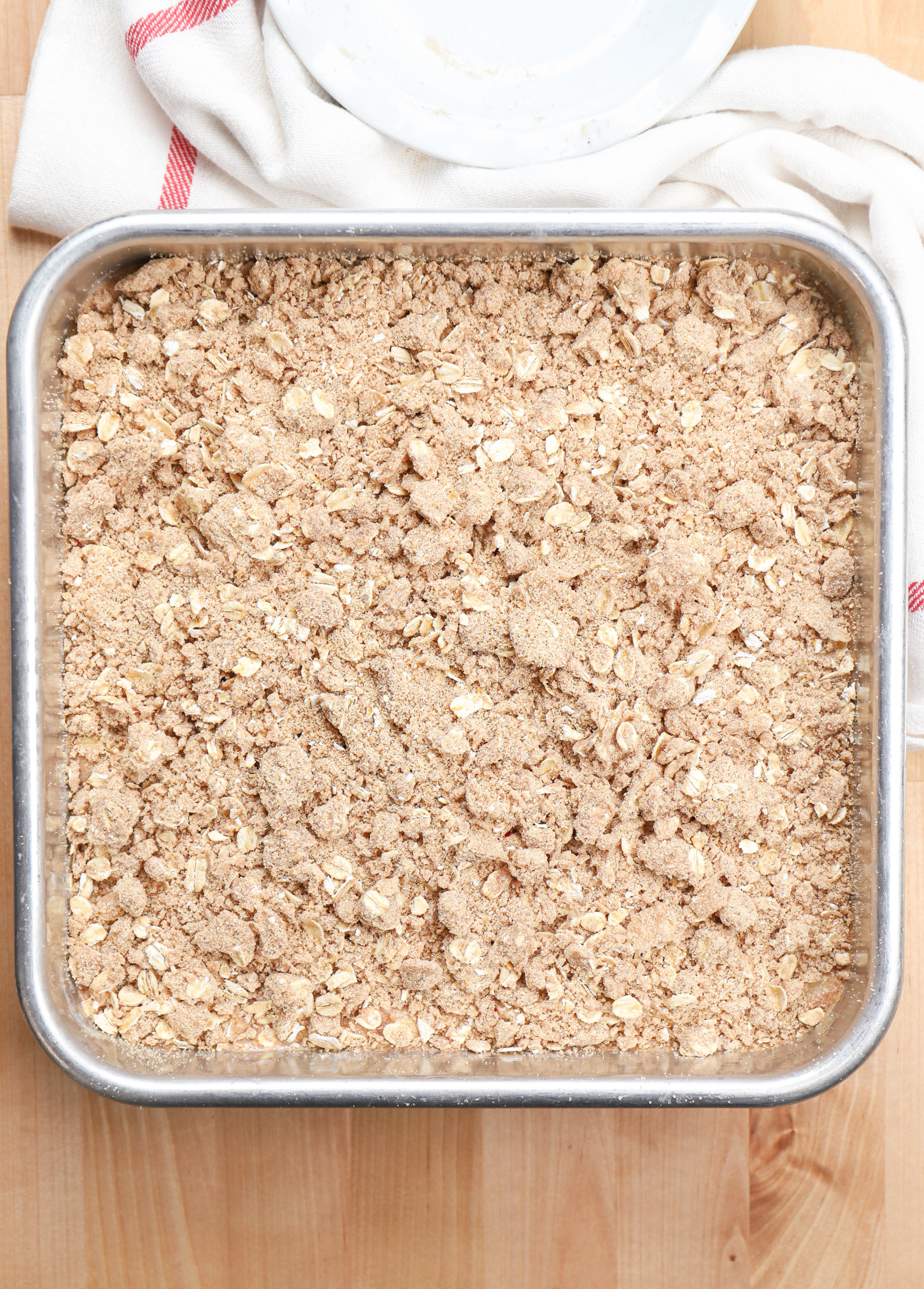 Overhead view of the apple streusel baked oatmeal before baking.