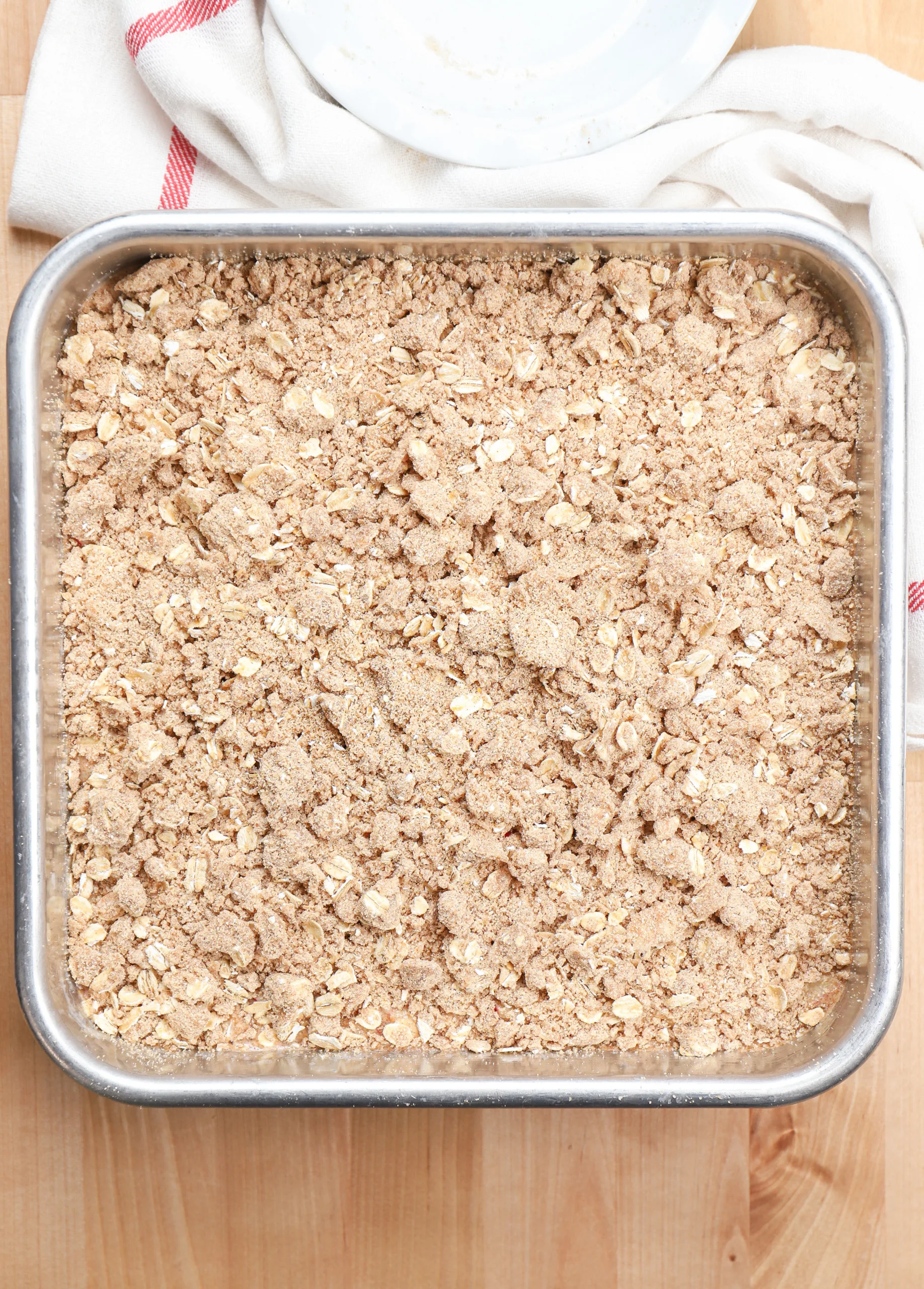 Overhead view of the apple streusel baked oatmeal before baking.