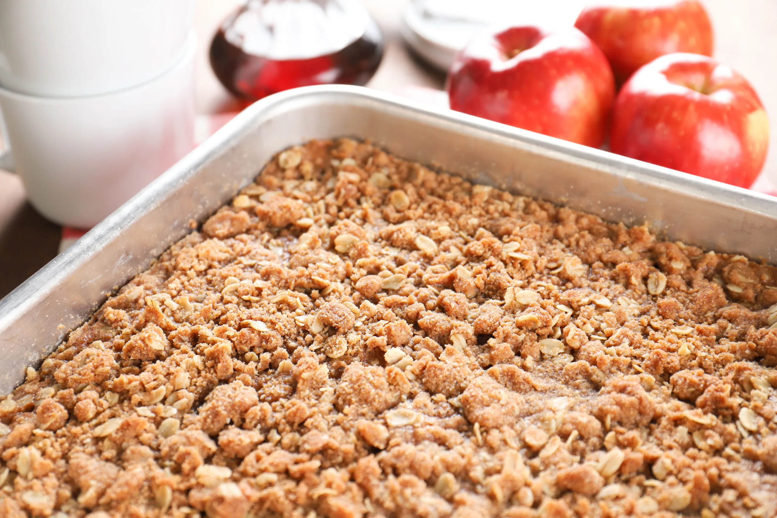 Up close view of the streusel topping on the apple baked oatmeal.
